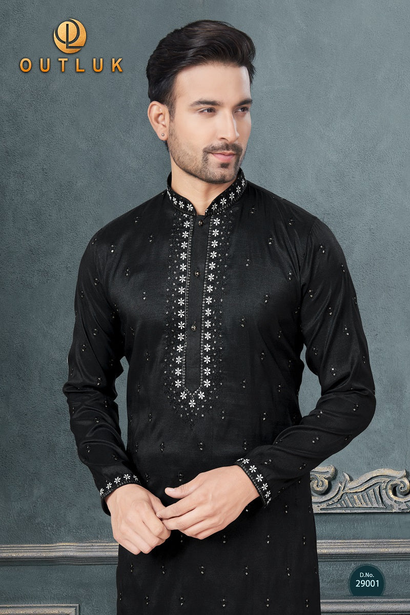 Black Silk Mens Kurta Pajama 29001