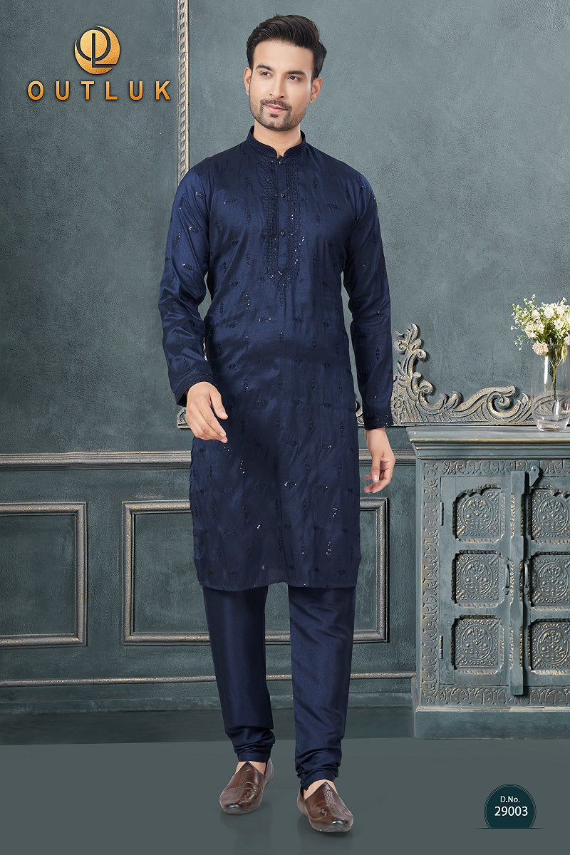 Dark Blue Silk Mens Kurta Pajama 29003