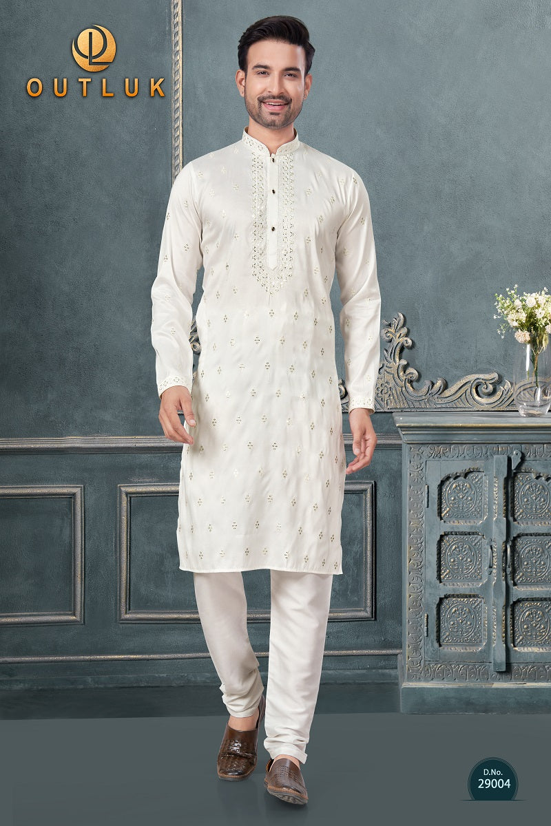 White Silk Mens Kurta Pajama 29004