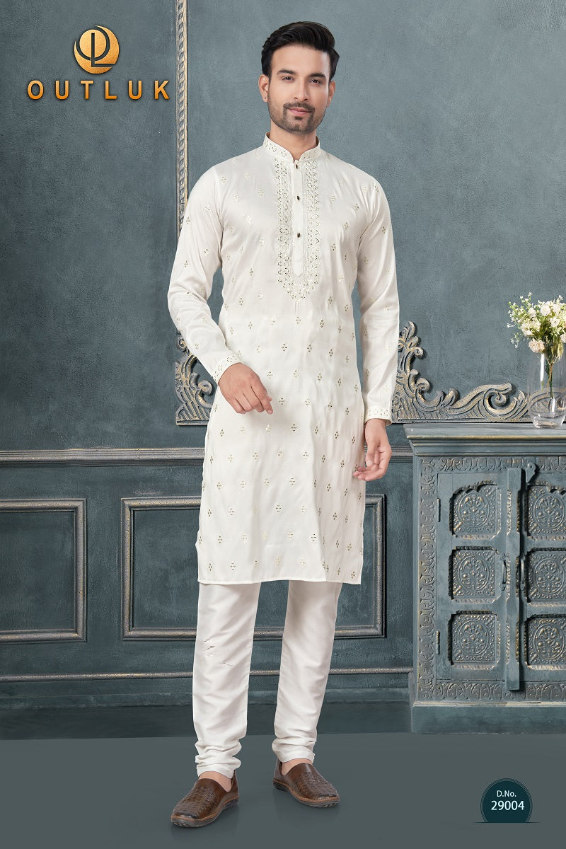 White Silk Mens Kurta Pajama 29004