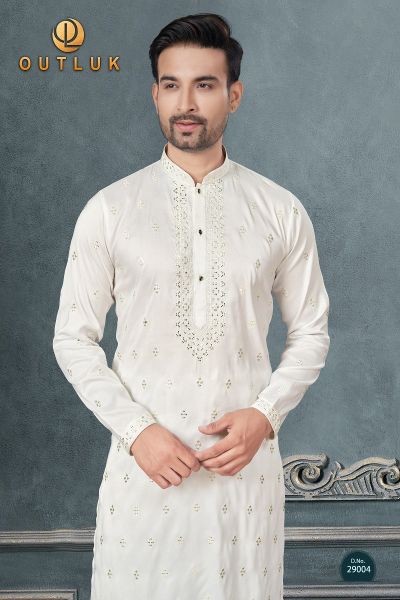 White Silk Mens Kurta Pajama 29004