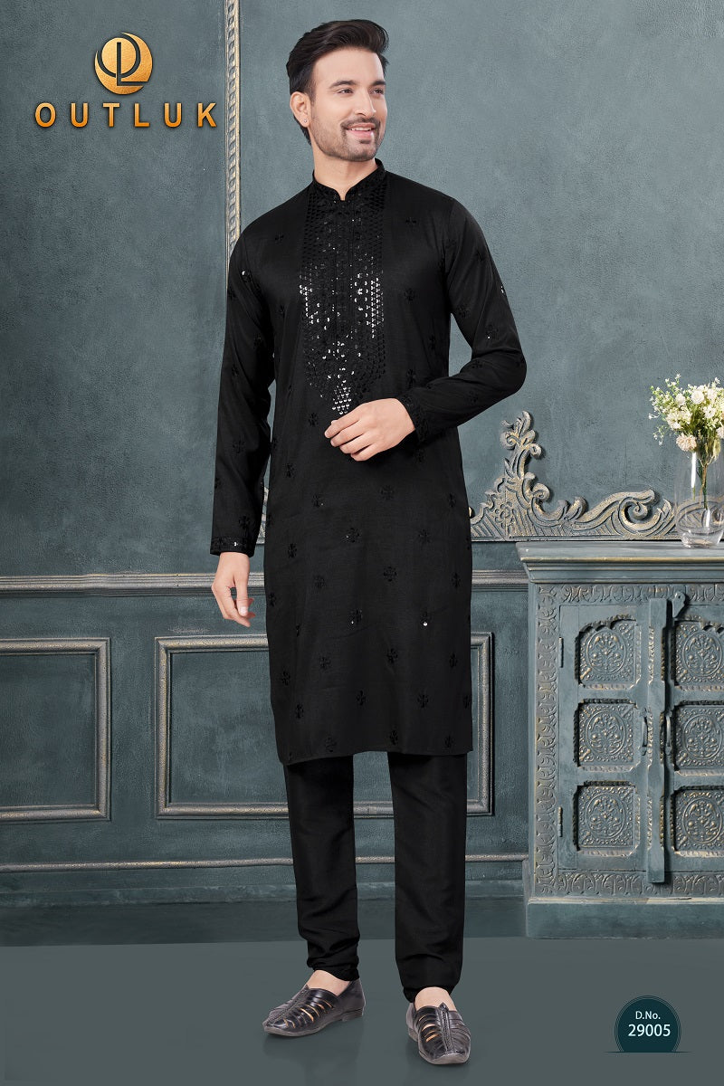 Black Silk Mens Kurta Pajama 29005