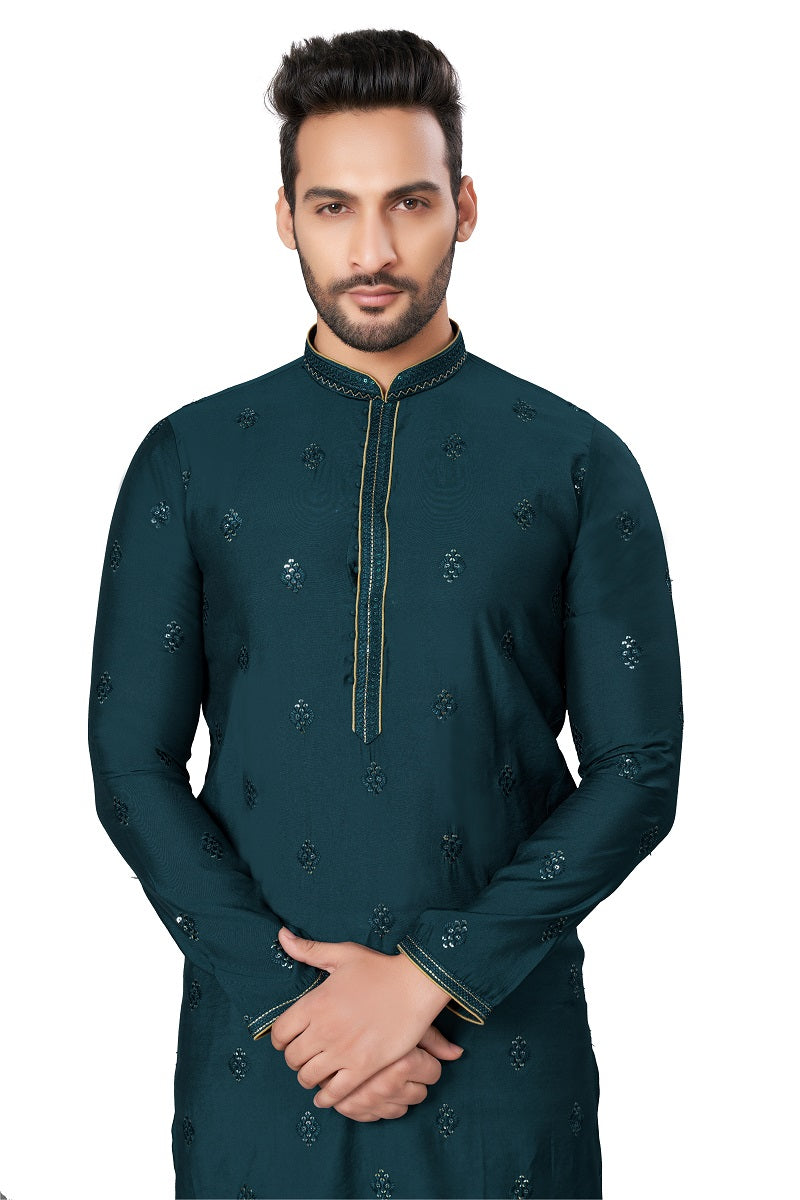 Green Cotton Silk Mens Kurta Pajama 128002