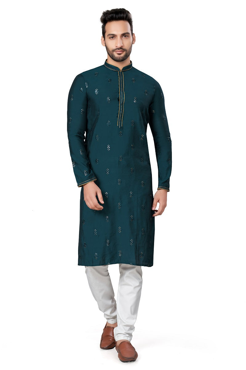 Green Cotton Silk Mens Kurta Pajama 128002