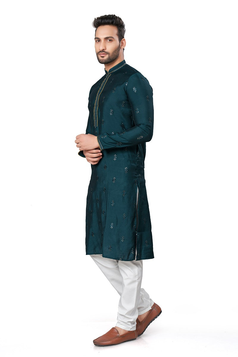 Green Cotton Silk Mens Kurta Pajama 128002