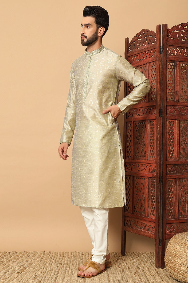 Sea Green And White Jacquard Mens Kurta Pajama 130002