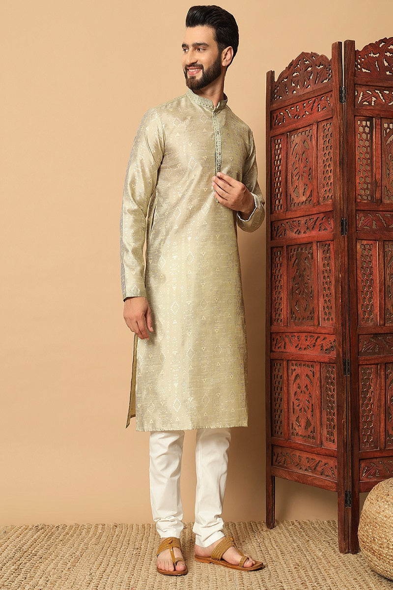 Sea Green And White Jacquard Mens Kurta Pajama 130002