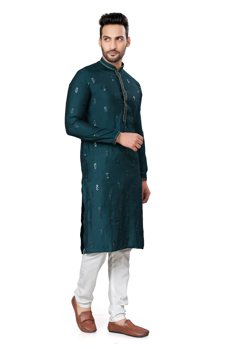 Green Cotton Silk Mens Kurta Pajama 128002