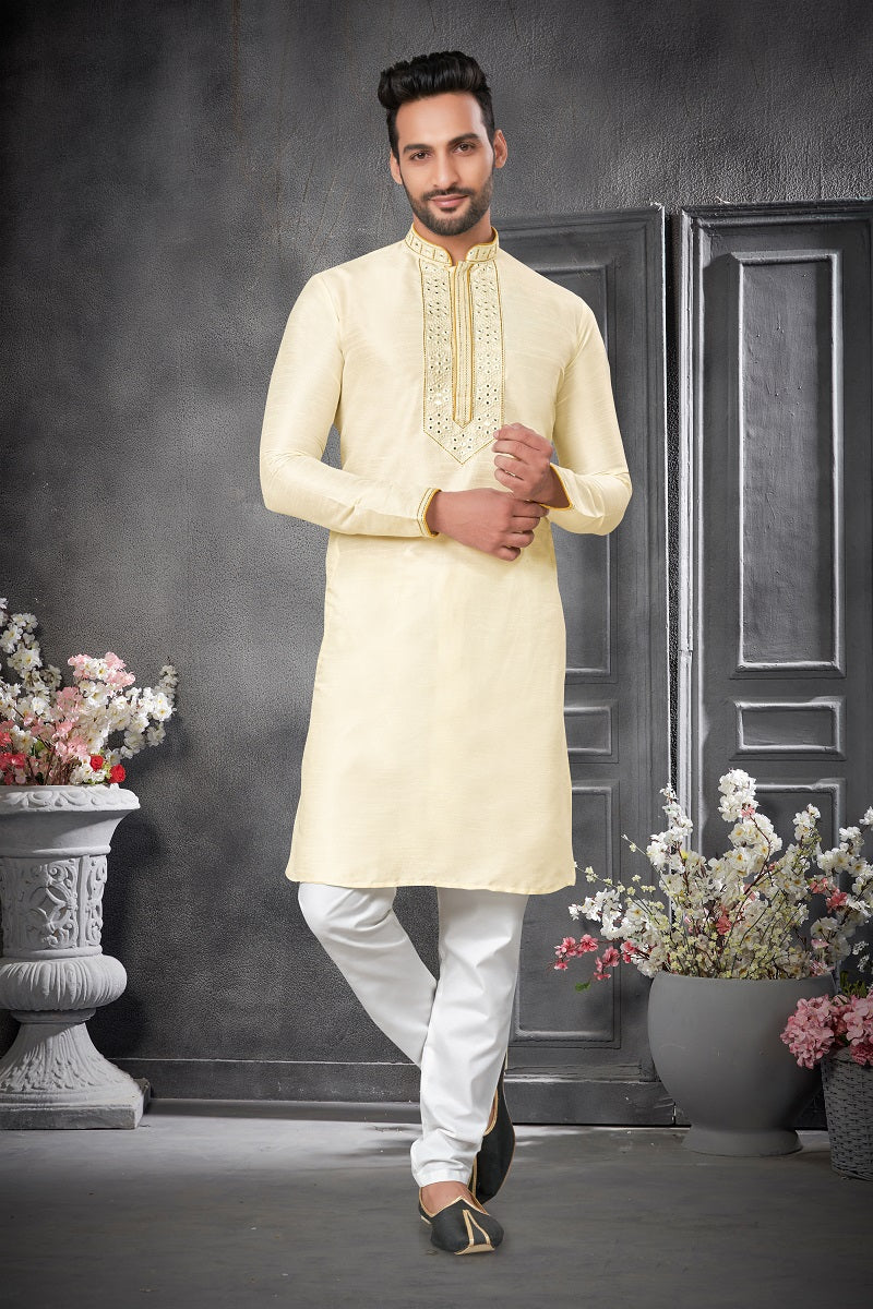 Cream Silk Mens Kurta Pajama 125002