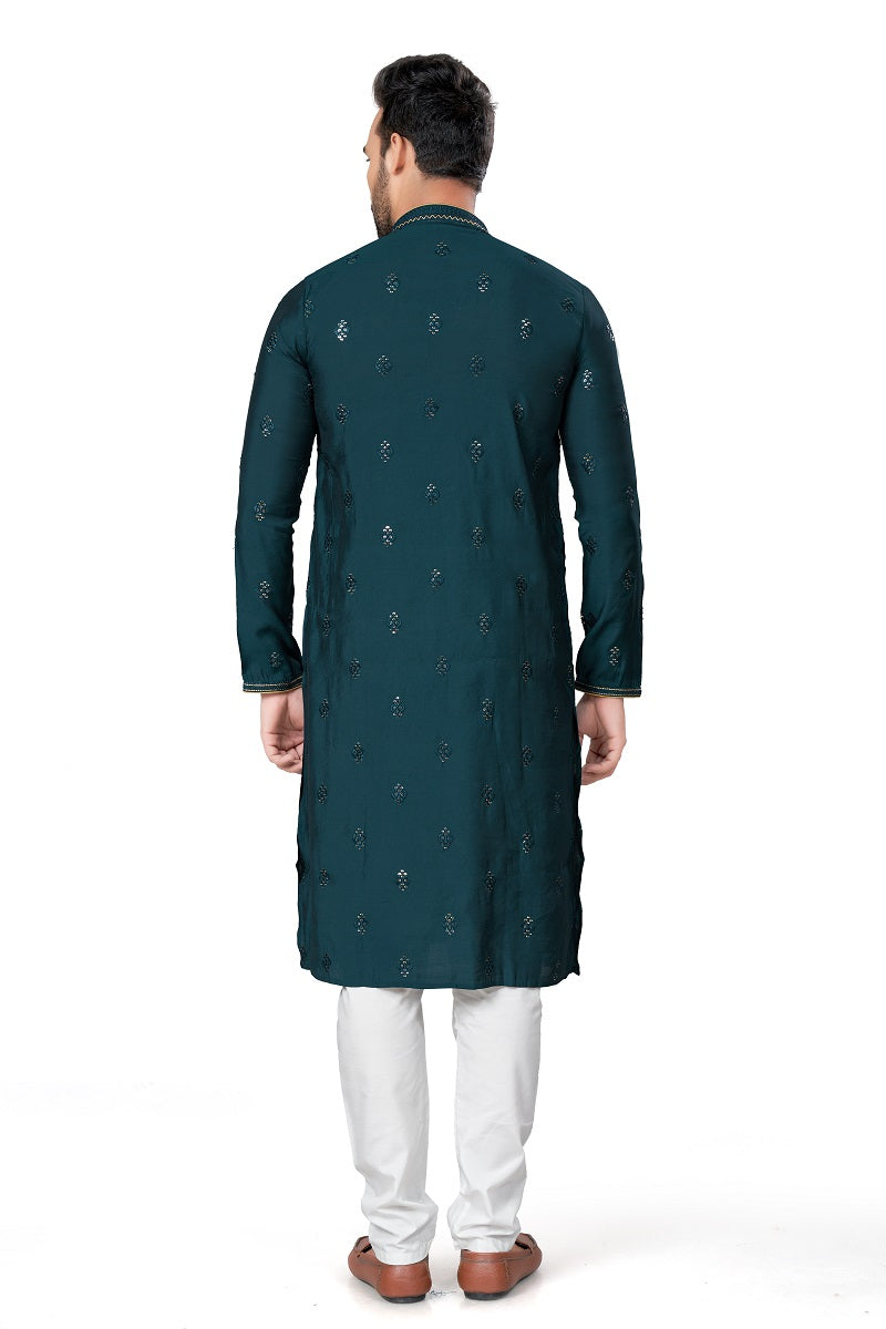 Green Cotton Silk Mens Kurta Pajama 128002