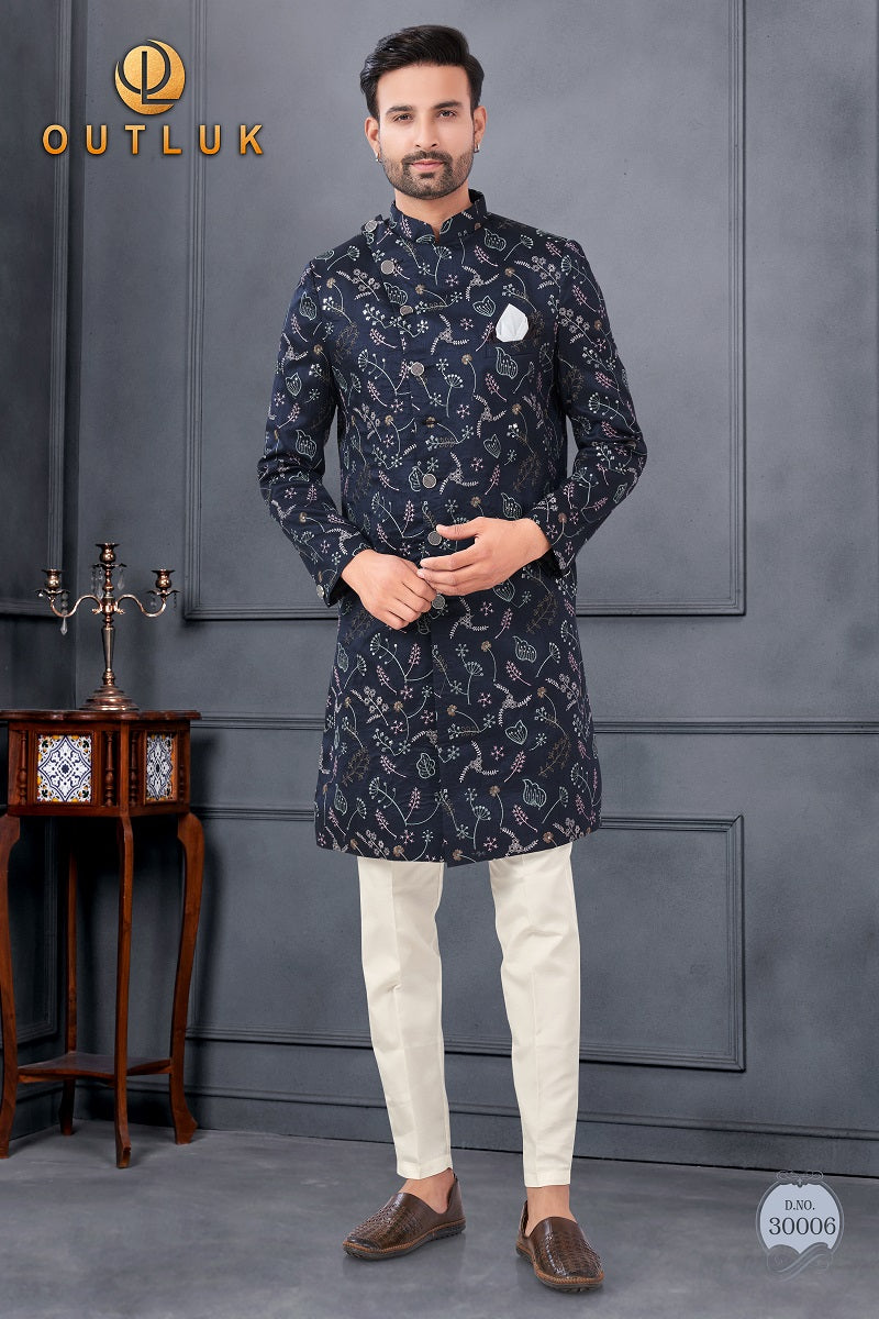 Navy Silk Mens Indo Western 30006