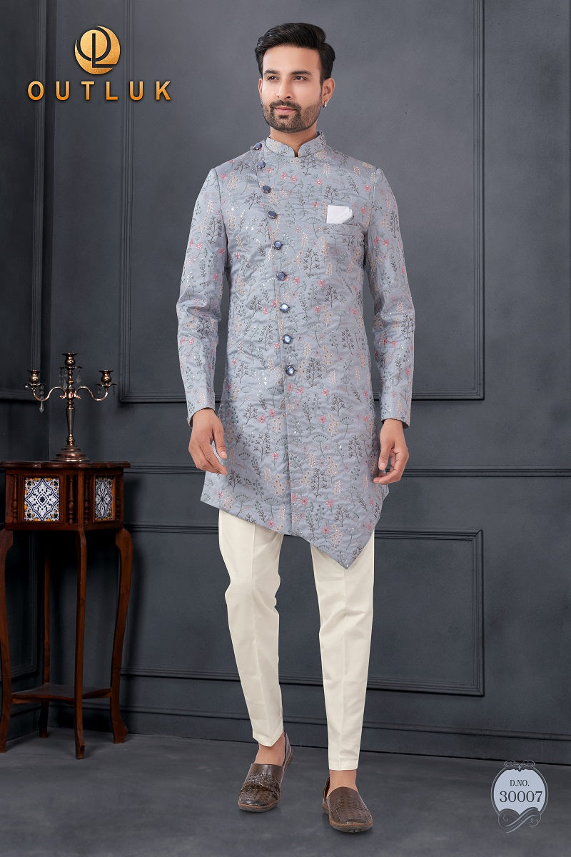 Grey Silk Mens Indo Western 30007