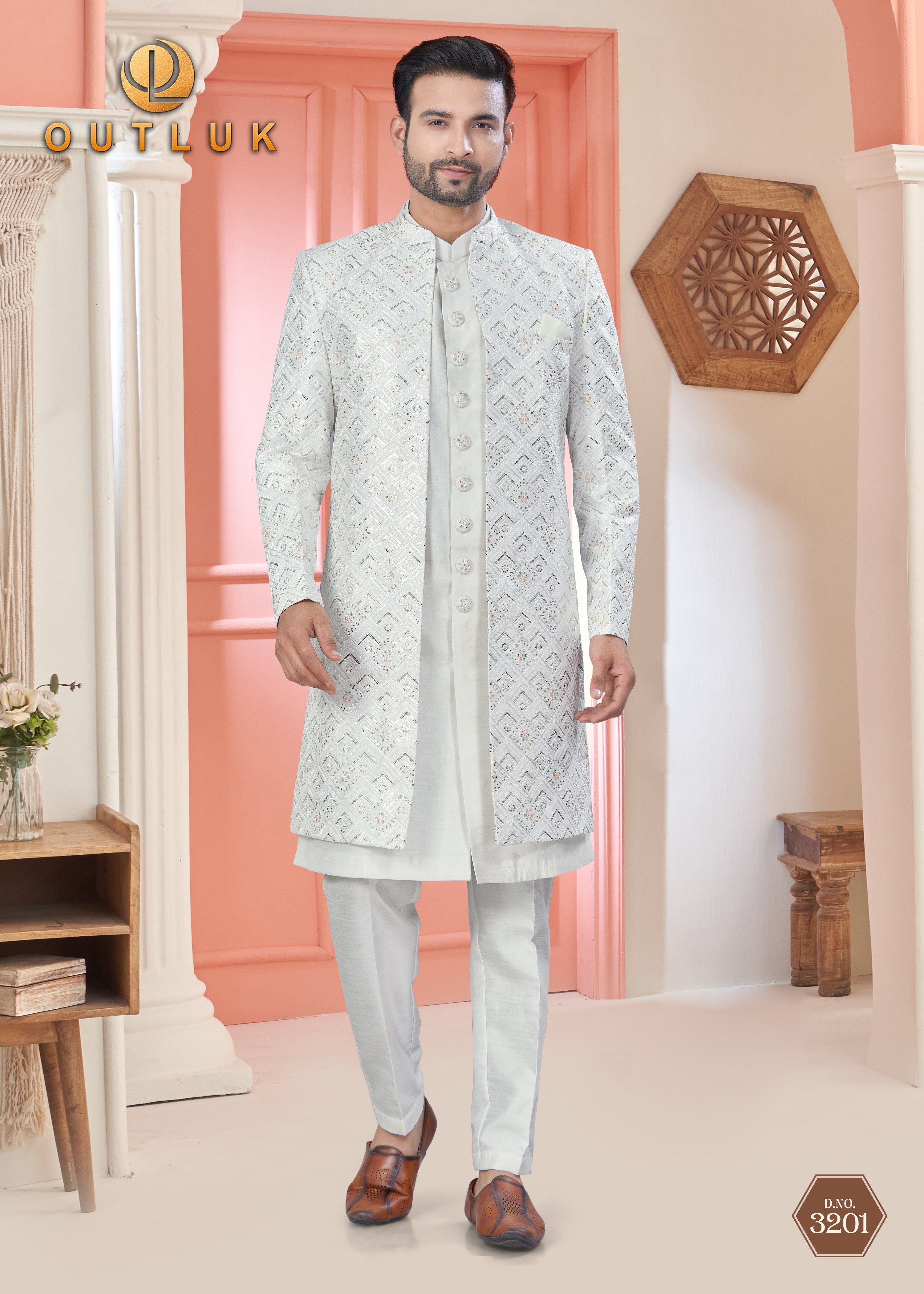 White Art Silk Mens Indo Western 3201
