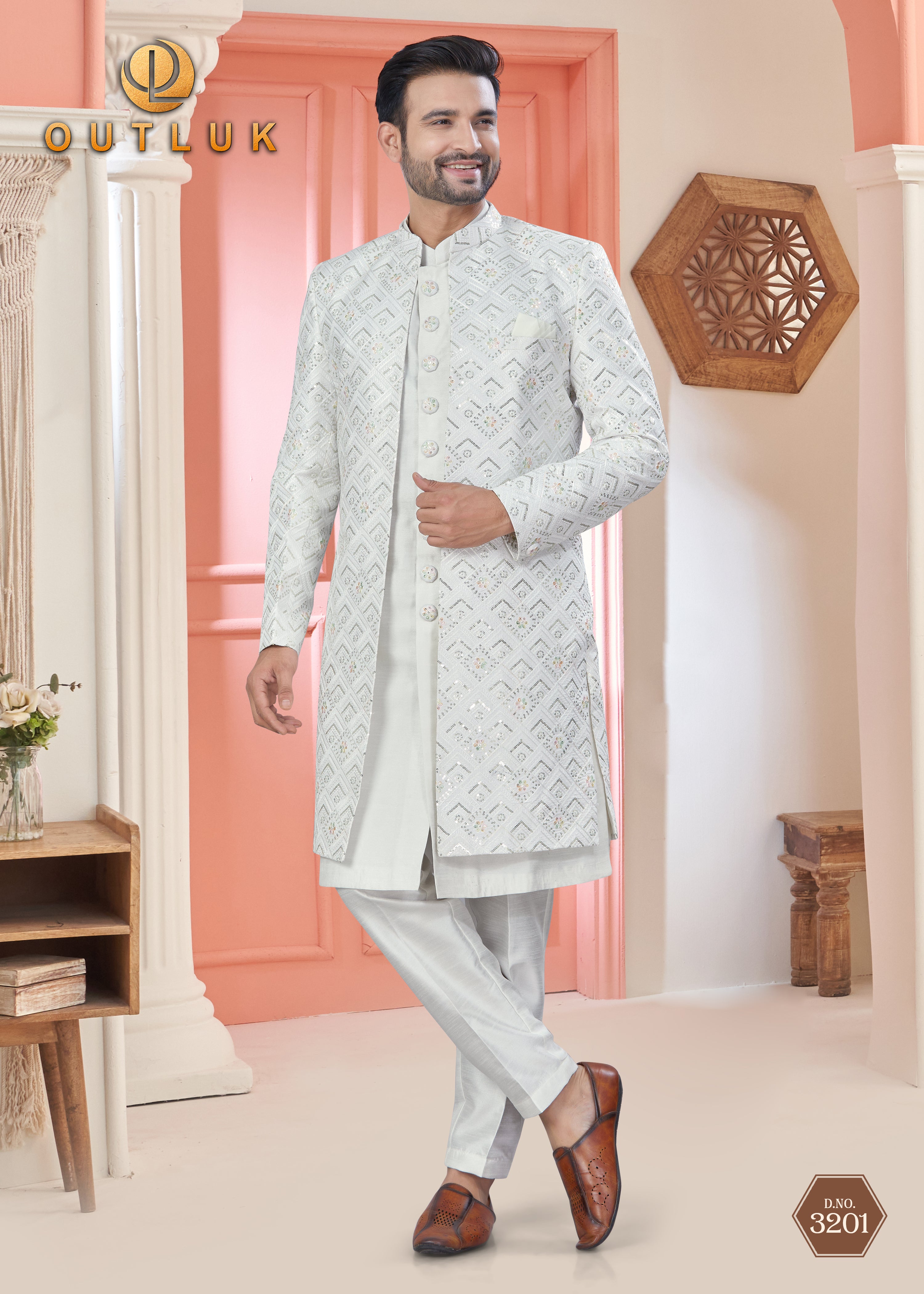 White Art Silk Mens Indo Western 3201