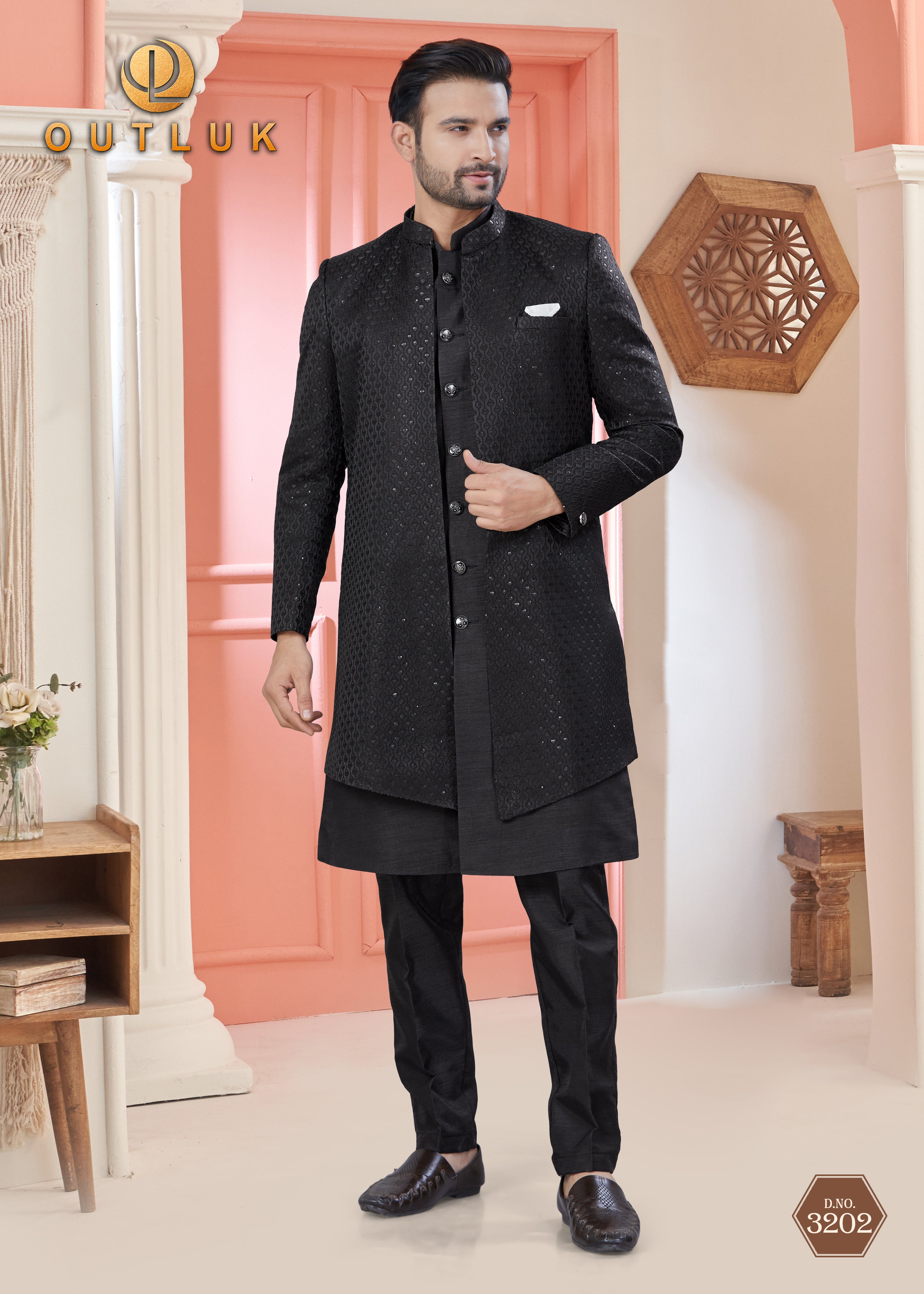 Black Art Silk Mens Indo Western 3202