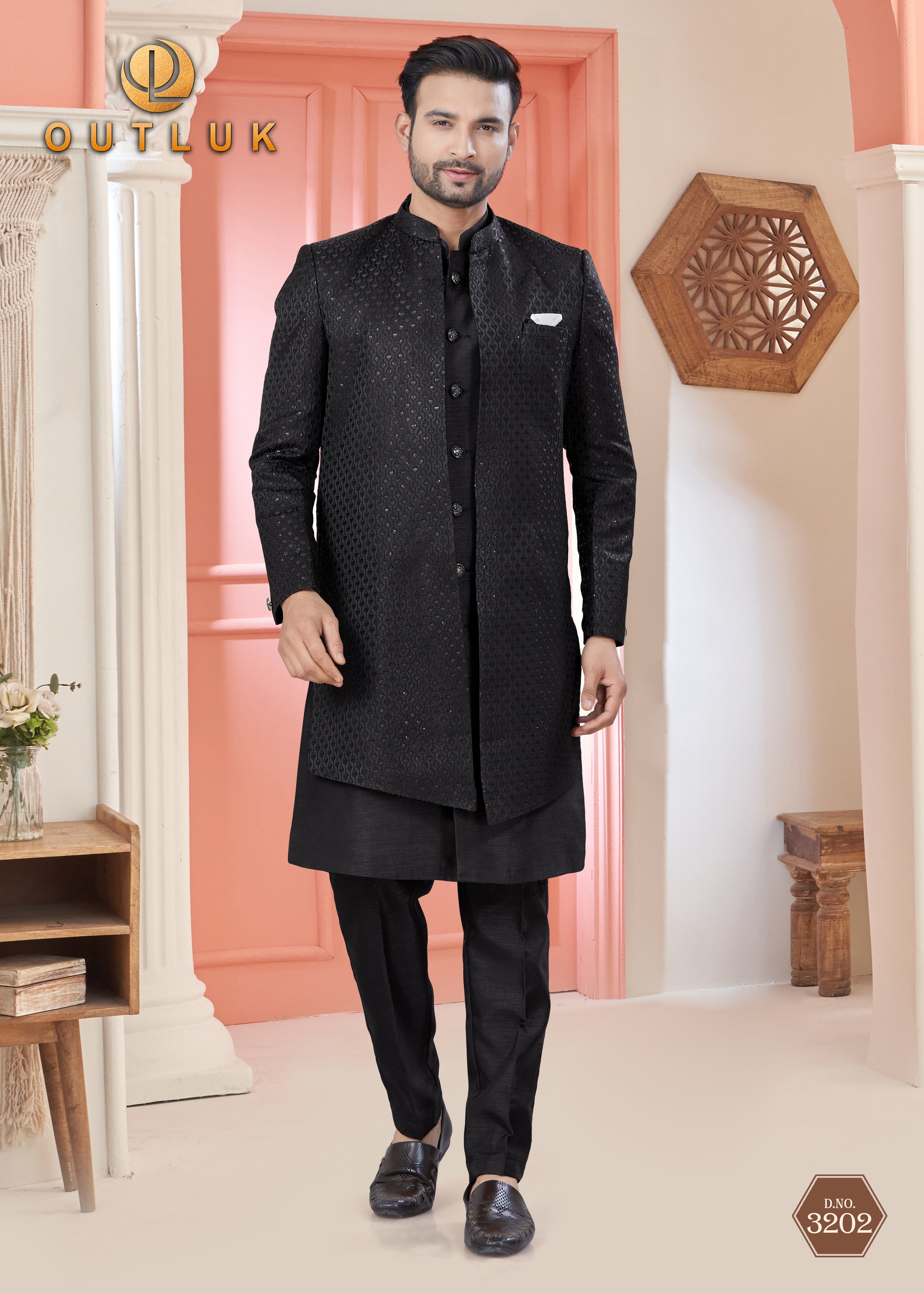 Black Art Silk Mens Indo Western 3202