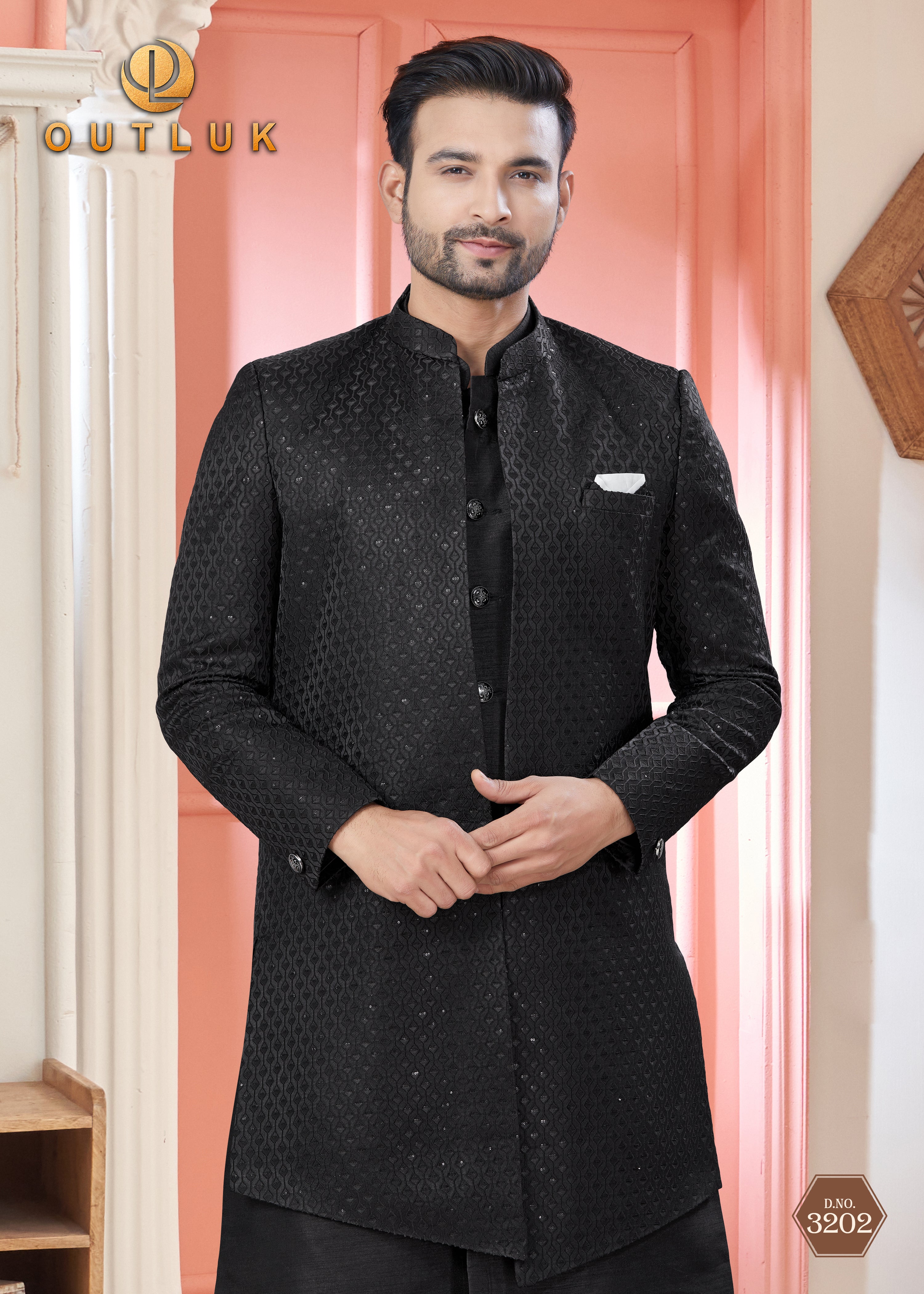 Black Art Silk Mens Indo Western 3202