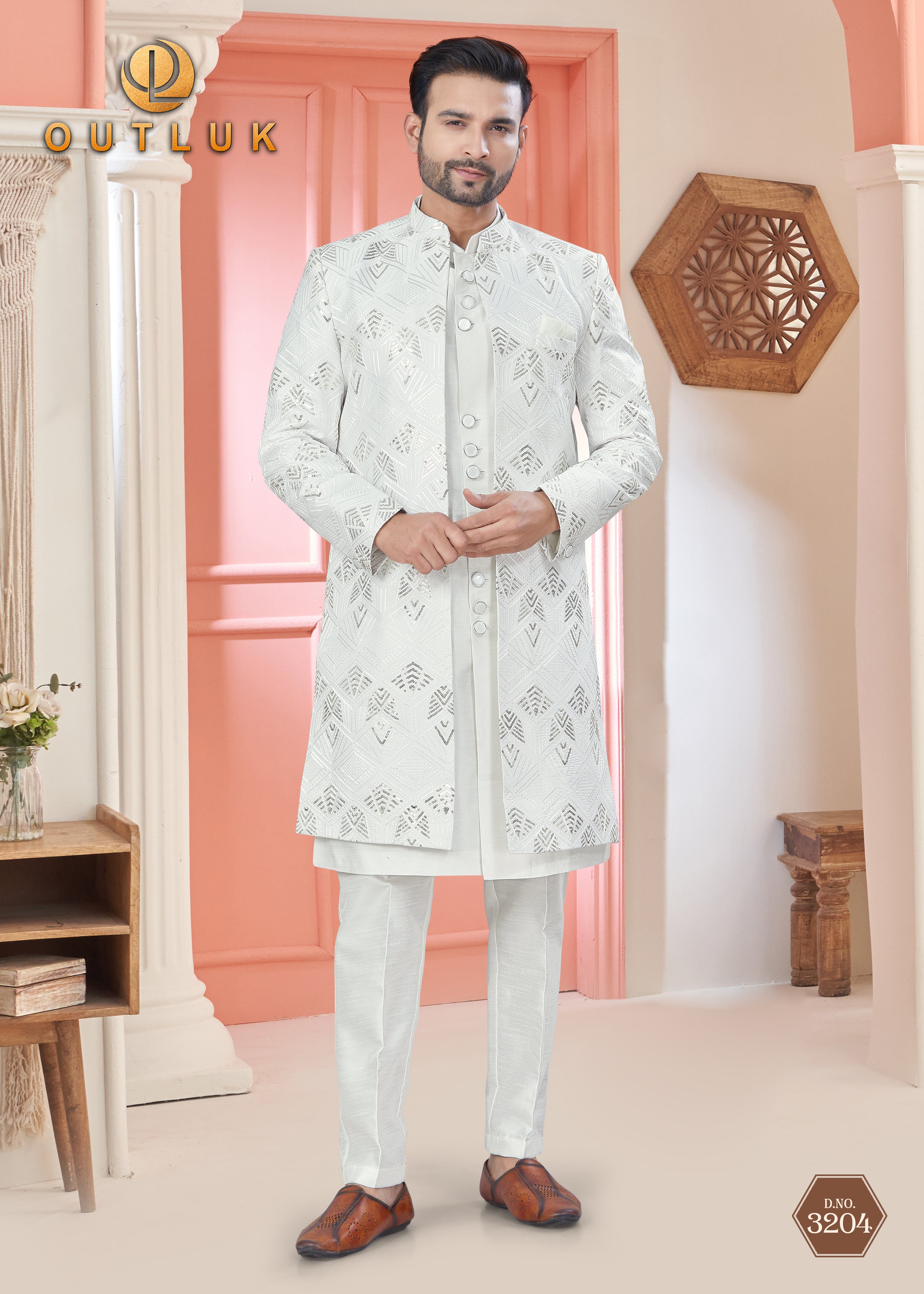 White Art Silk Mens Indo Western 3204
