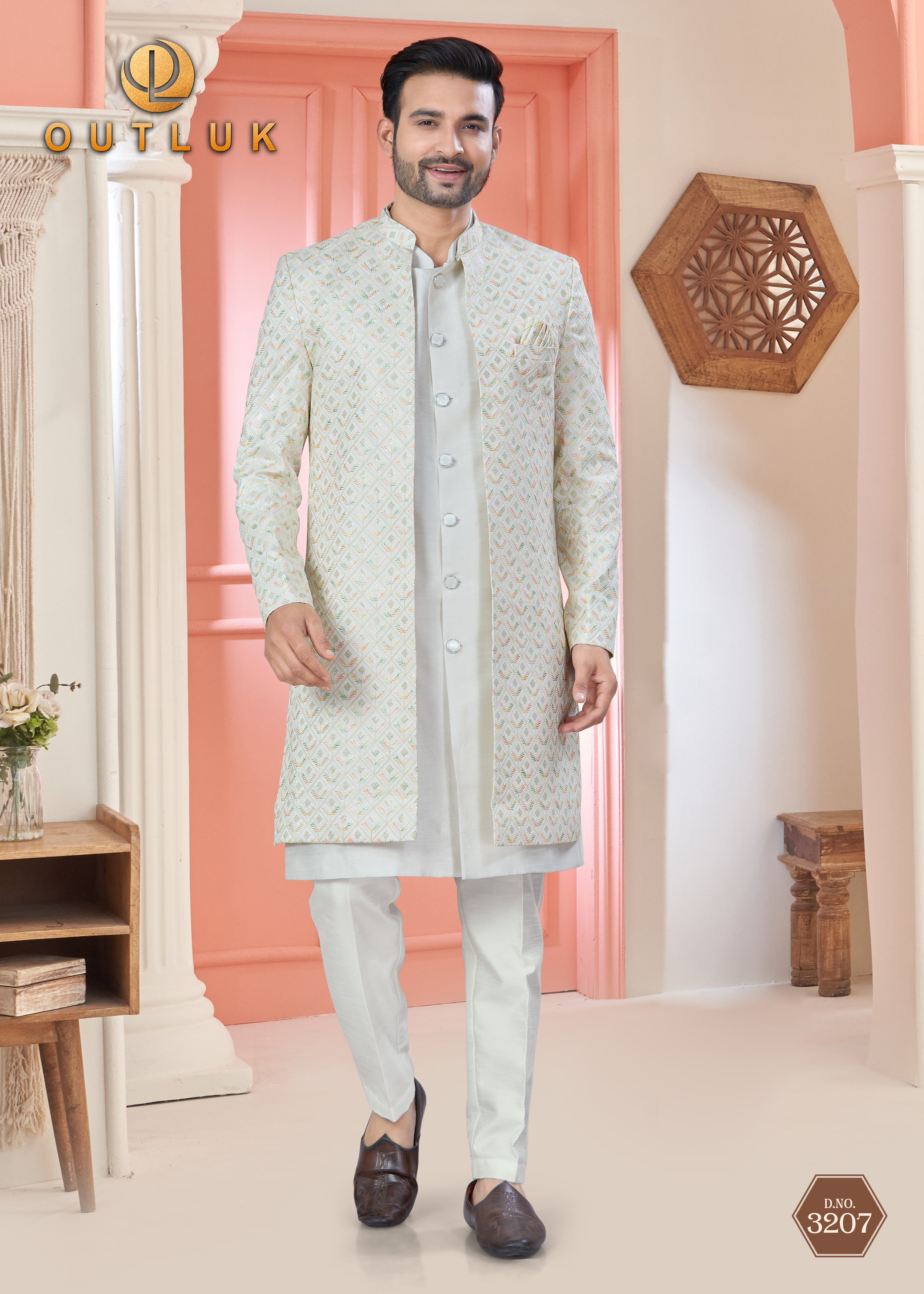 White Art Silk Mens Indo Western 3207