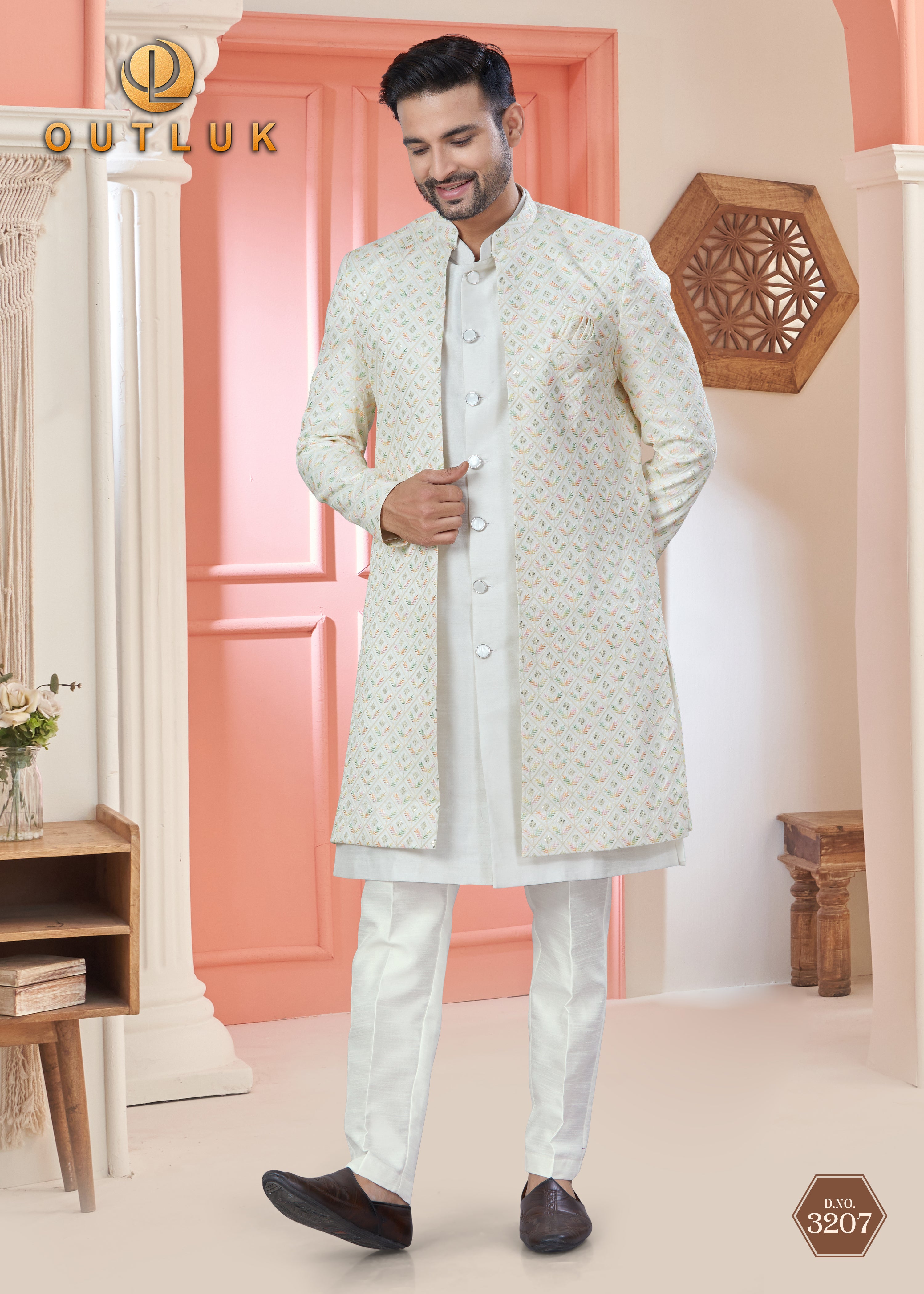 White Art Silk Mens Indo Western 3207