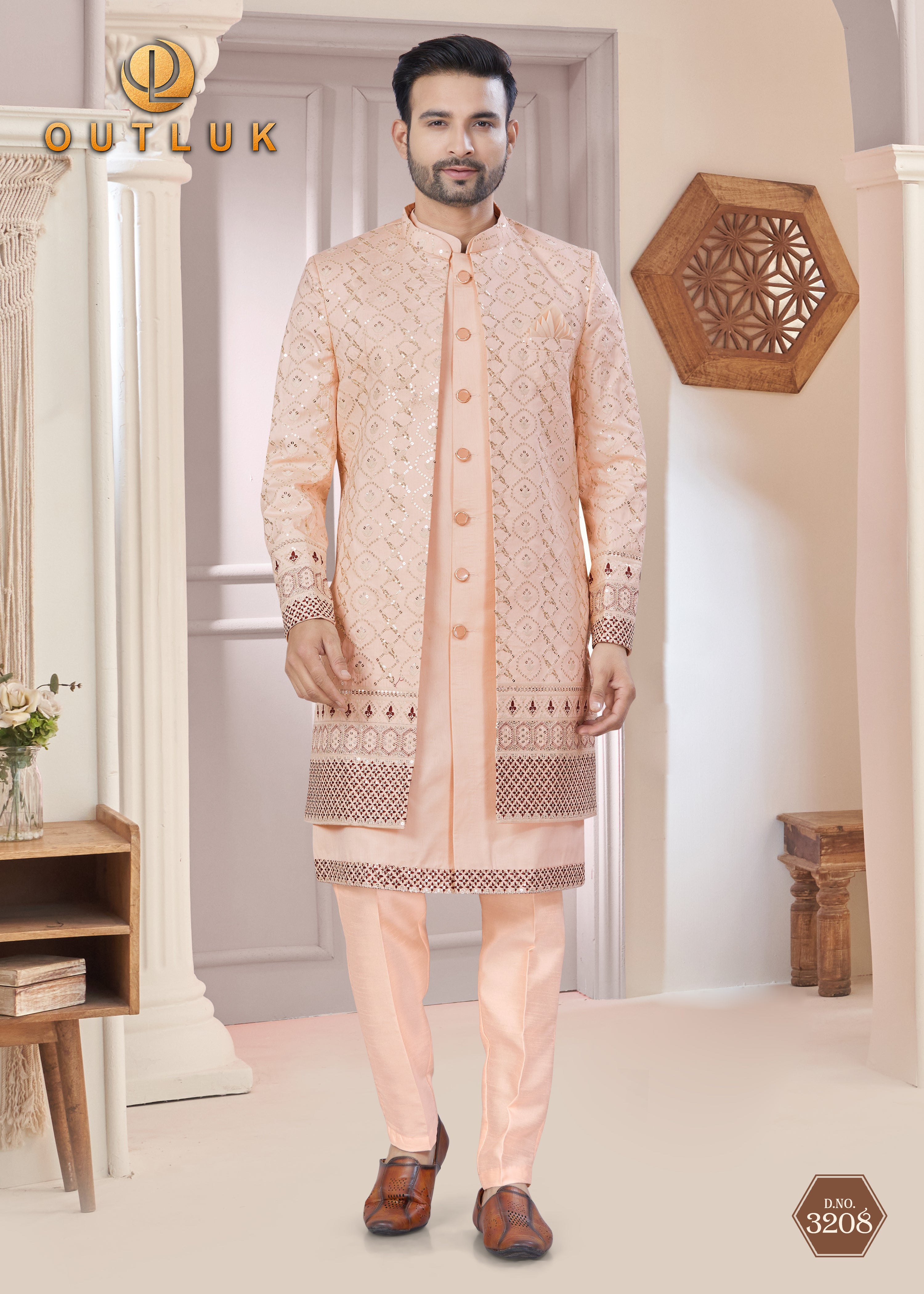 Peach Art Silk Mens Indo Western 3208