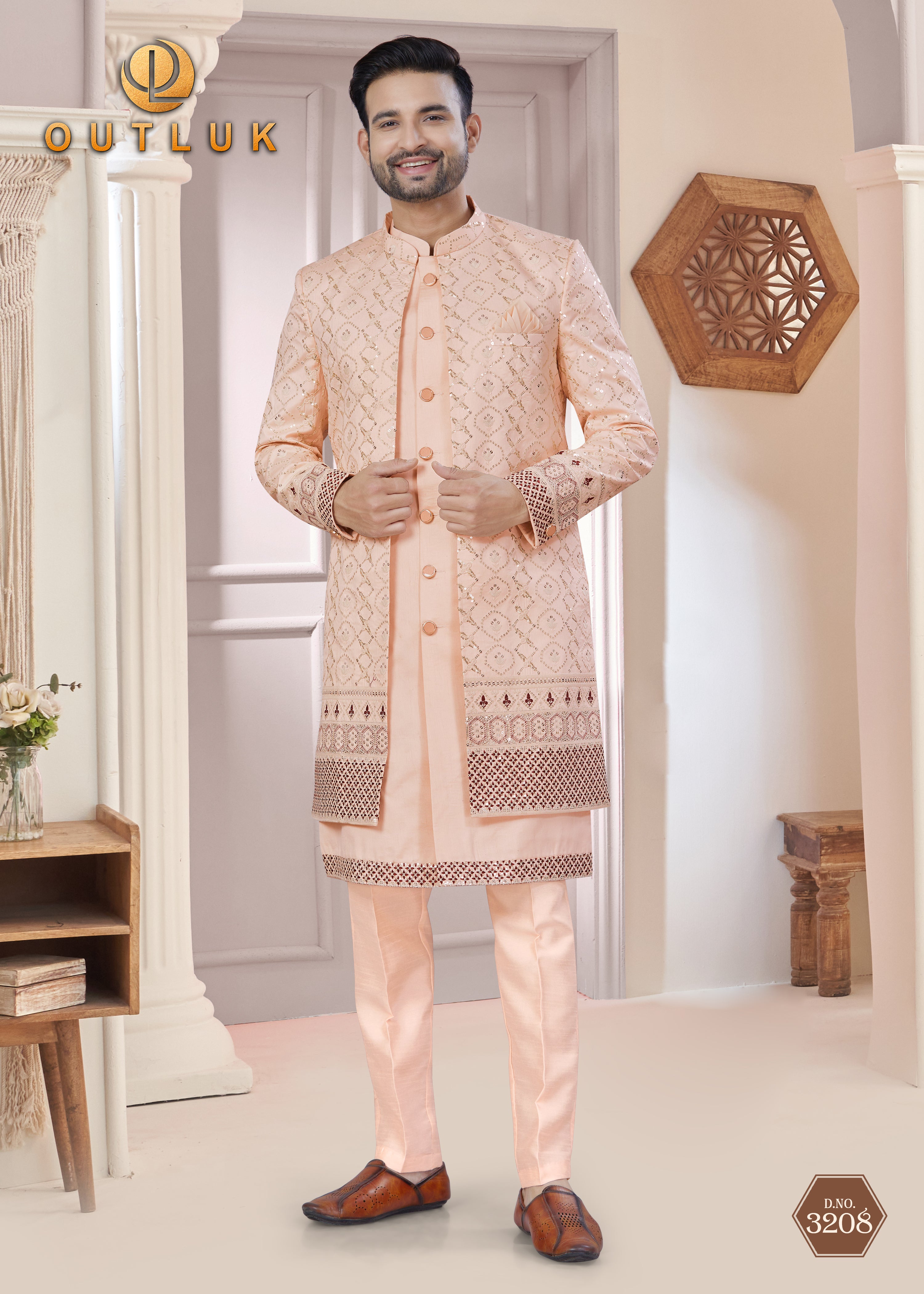 Peach Art Silk Mens Indo Western 3208