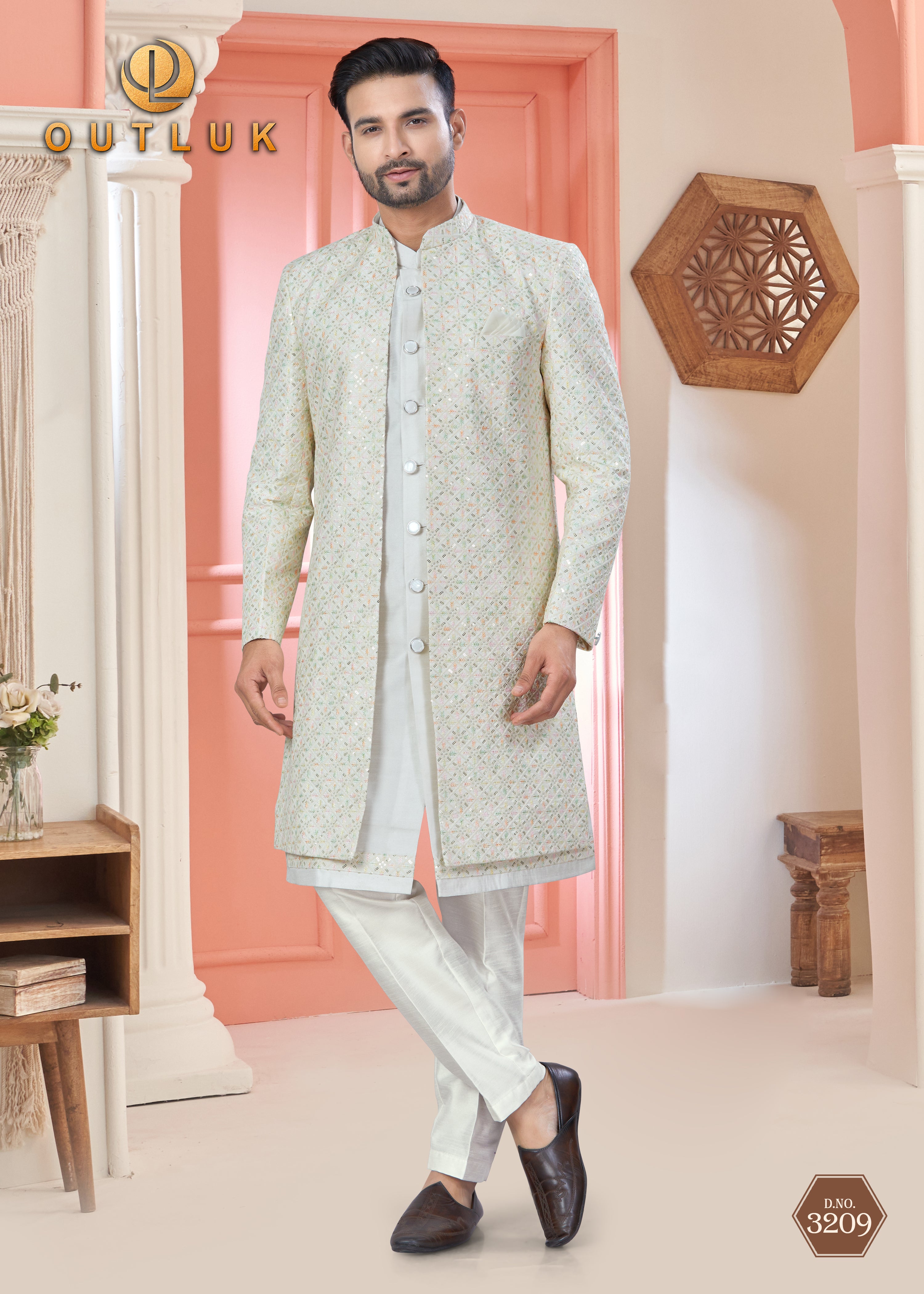 Cream Art Silk Mens Indo Western 3209