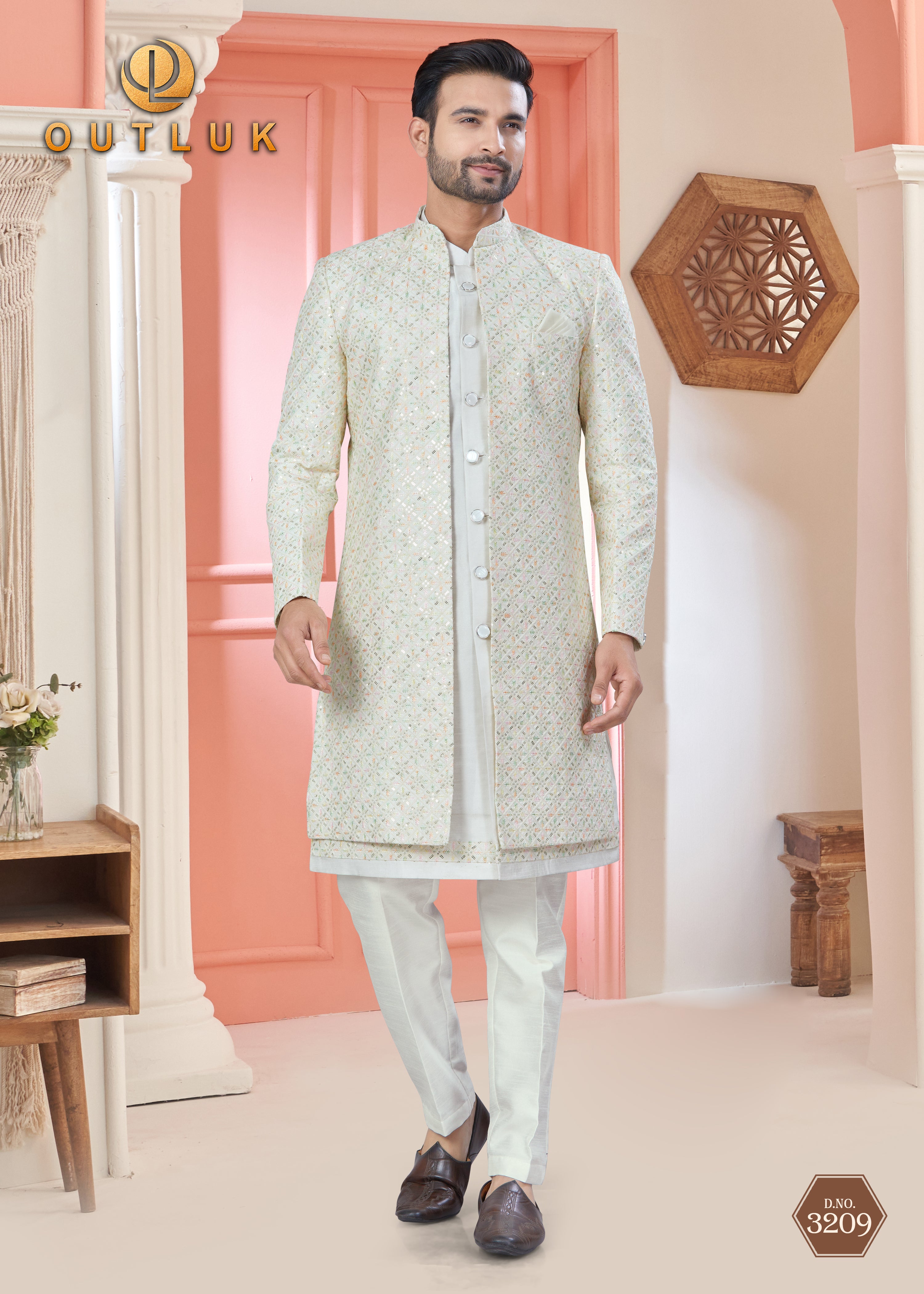 Cream Art Silk Mens Indo Western 3209