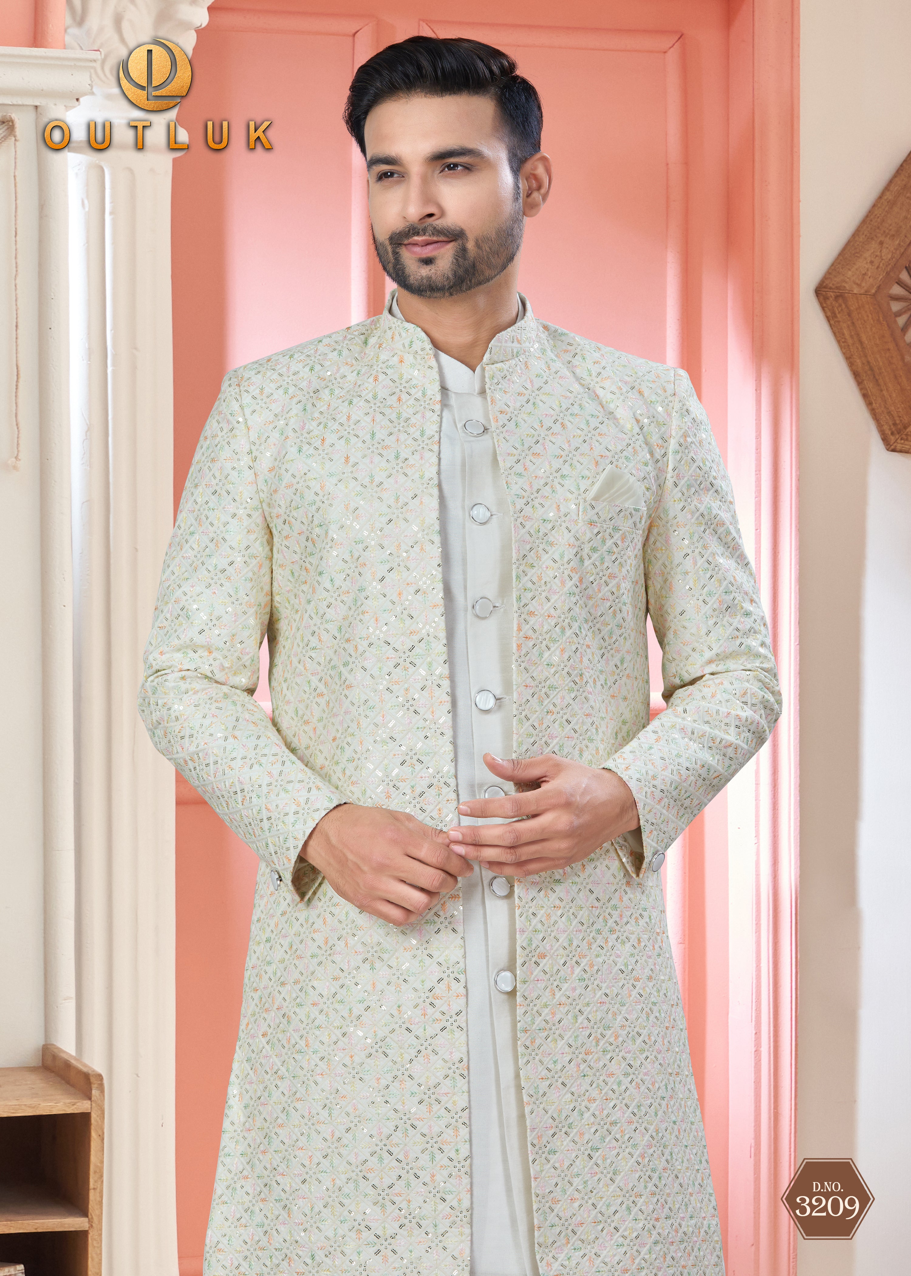 Cream Art Silk Mens Indo Western 3209