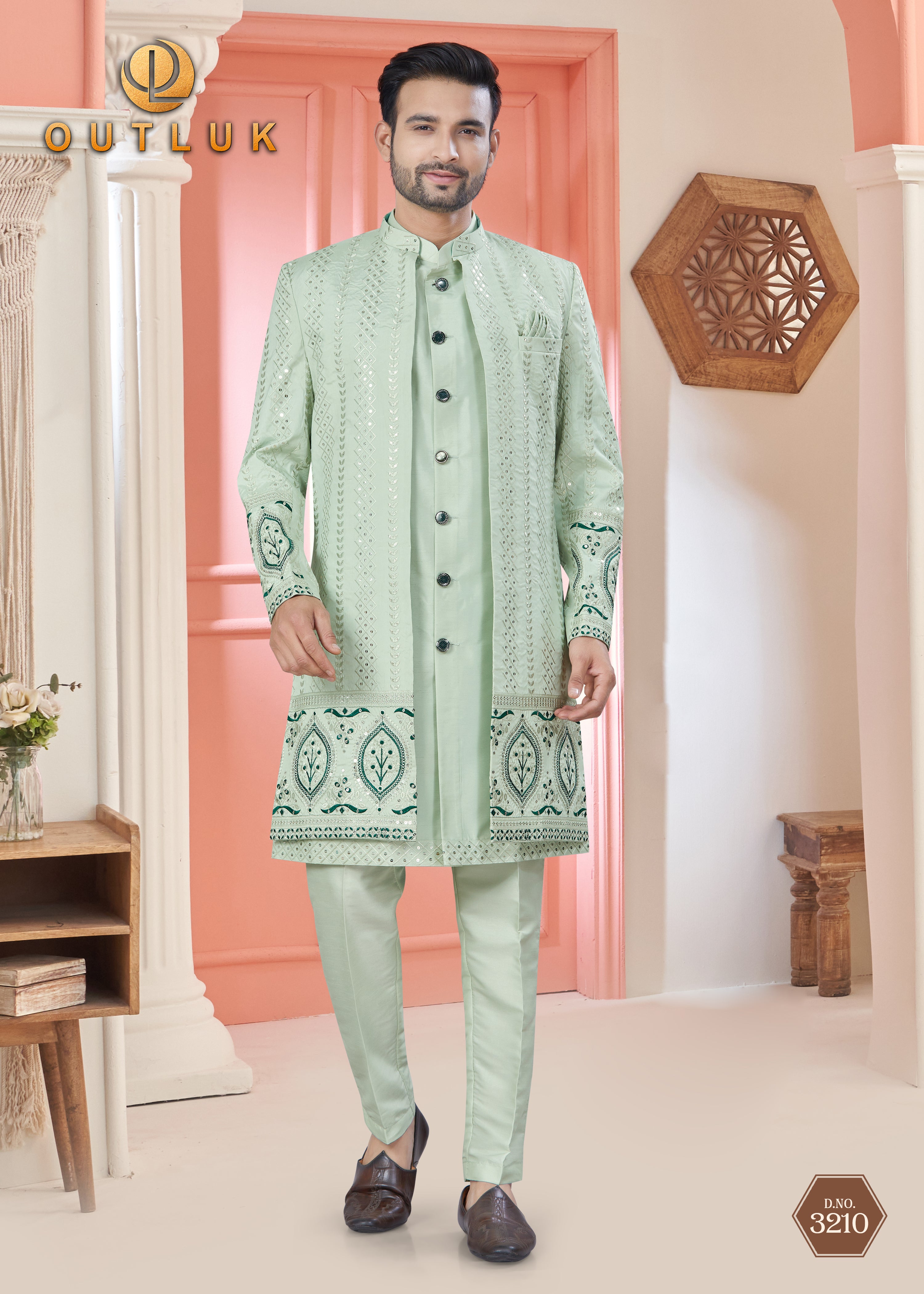 Light Green Art Silk Mens Indo Western 3210