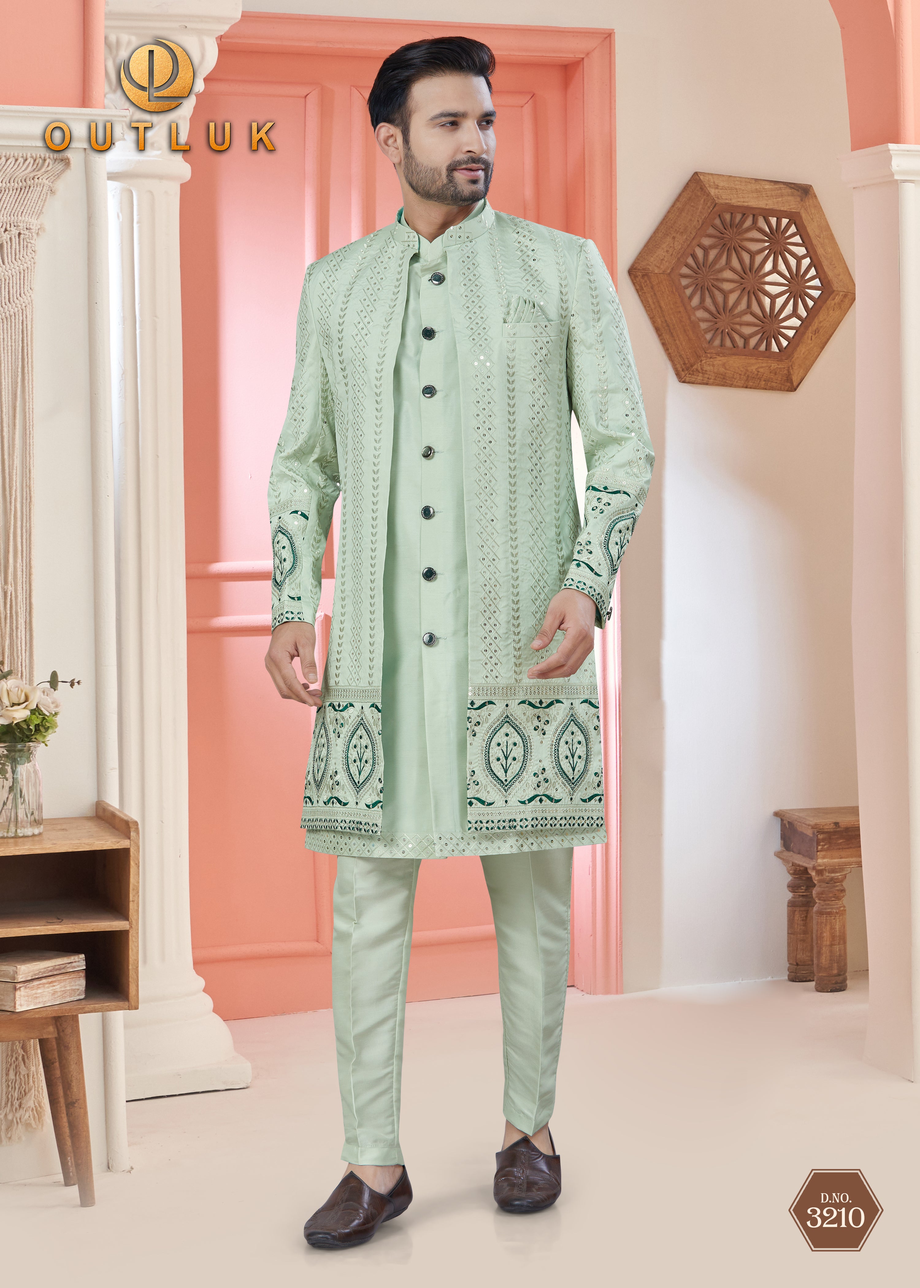 Light Green Art Silk Mens Indo Western 3210