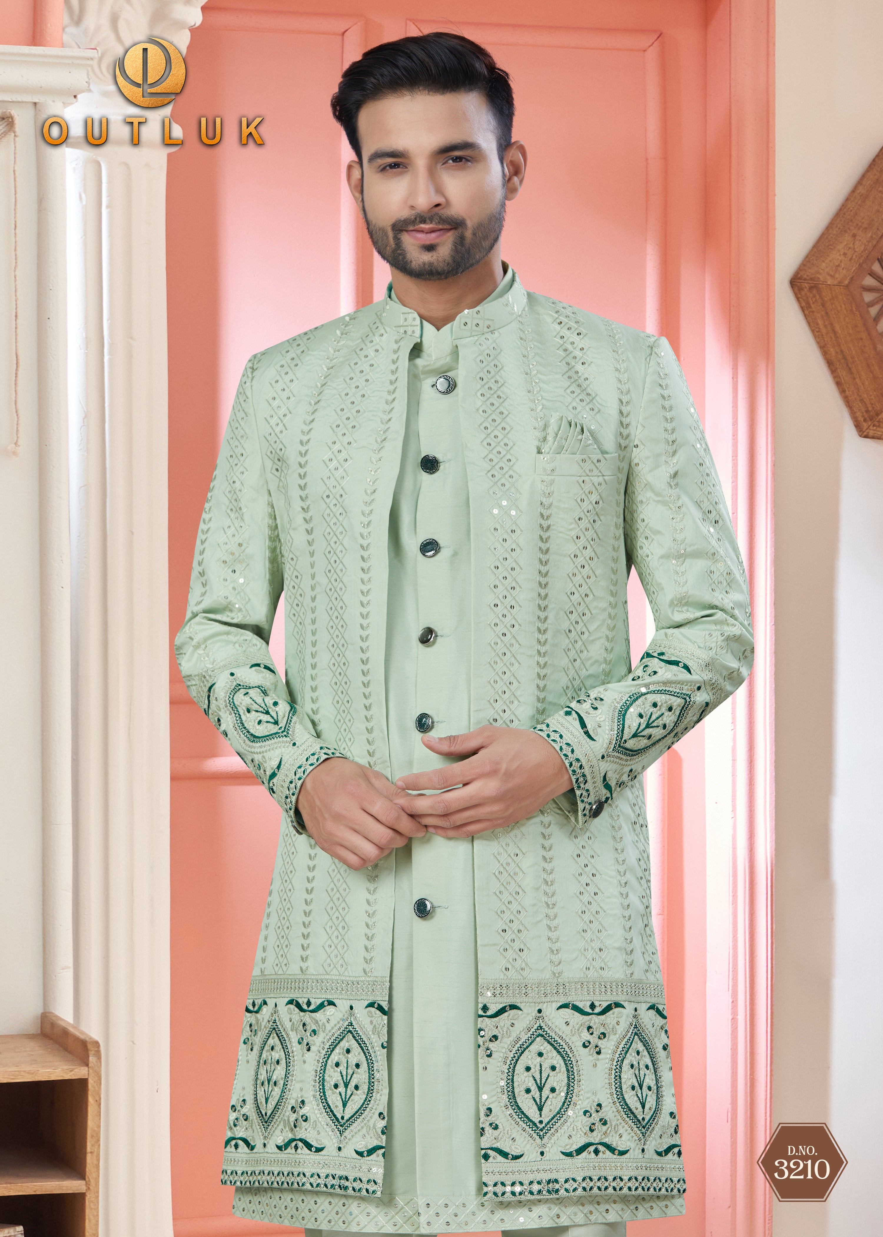 Light Green Art Silk Mens Indo Western 3210