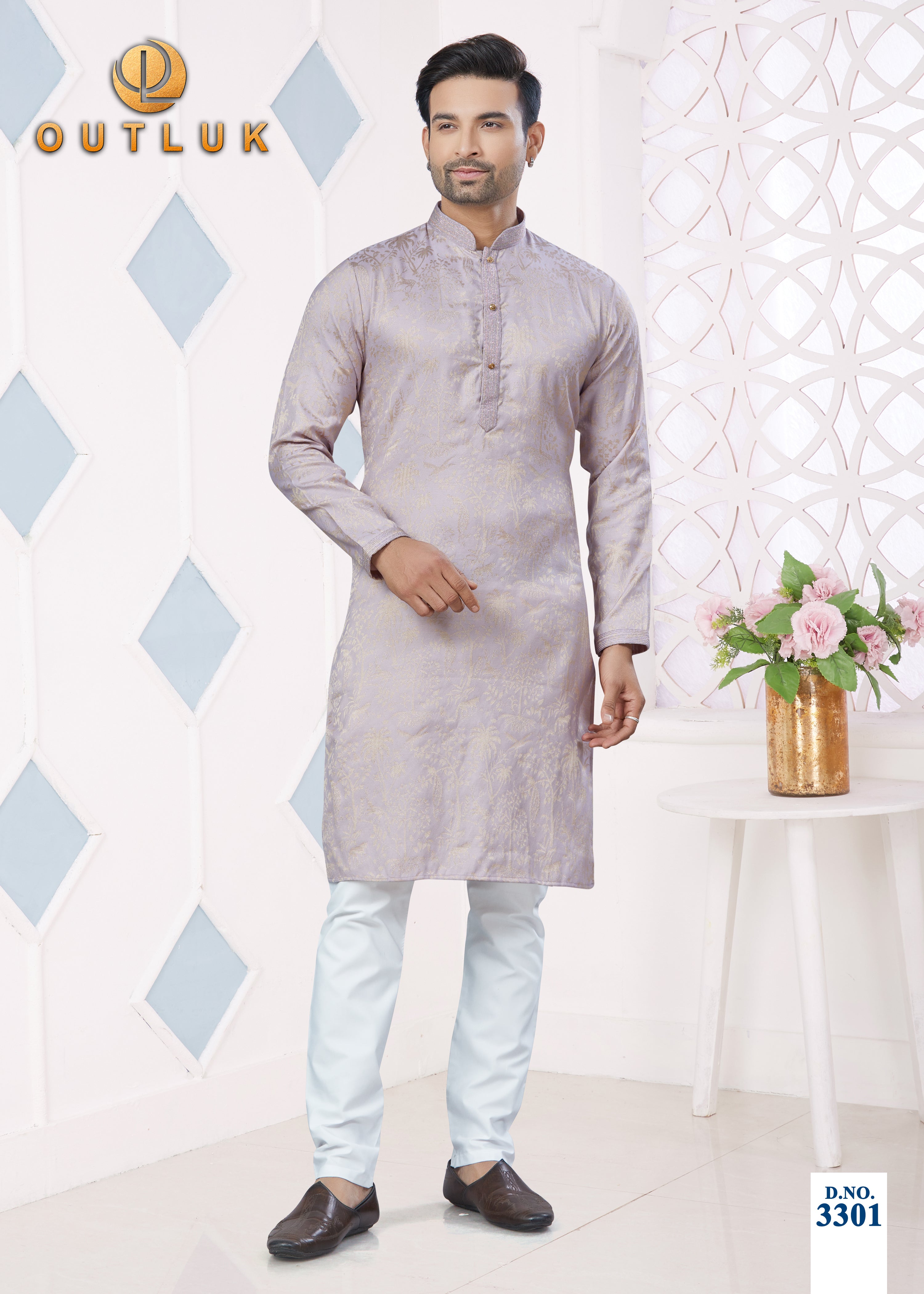 Light Purple Jacquard Mens Kurta Pajama 3301