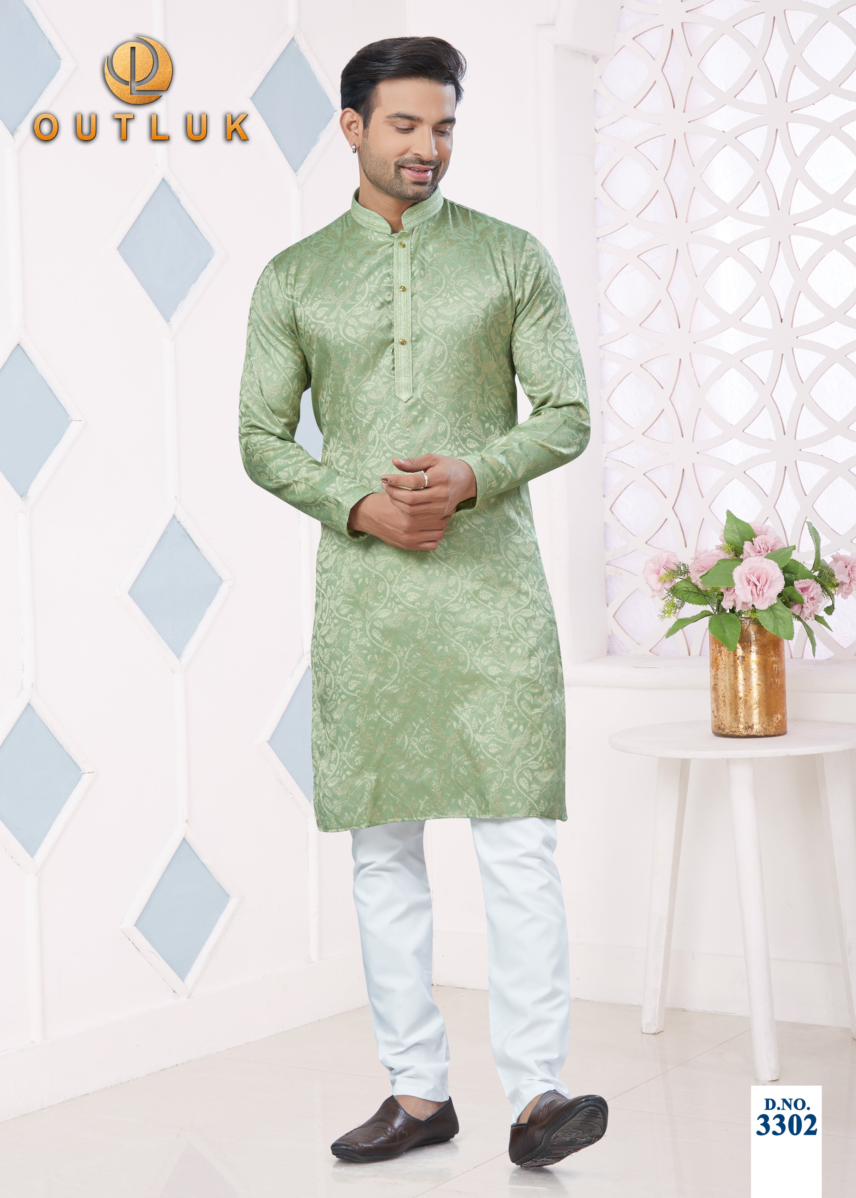 Light Green Jacquard Mens Kurta Pajama 3302