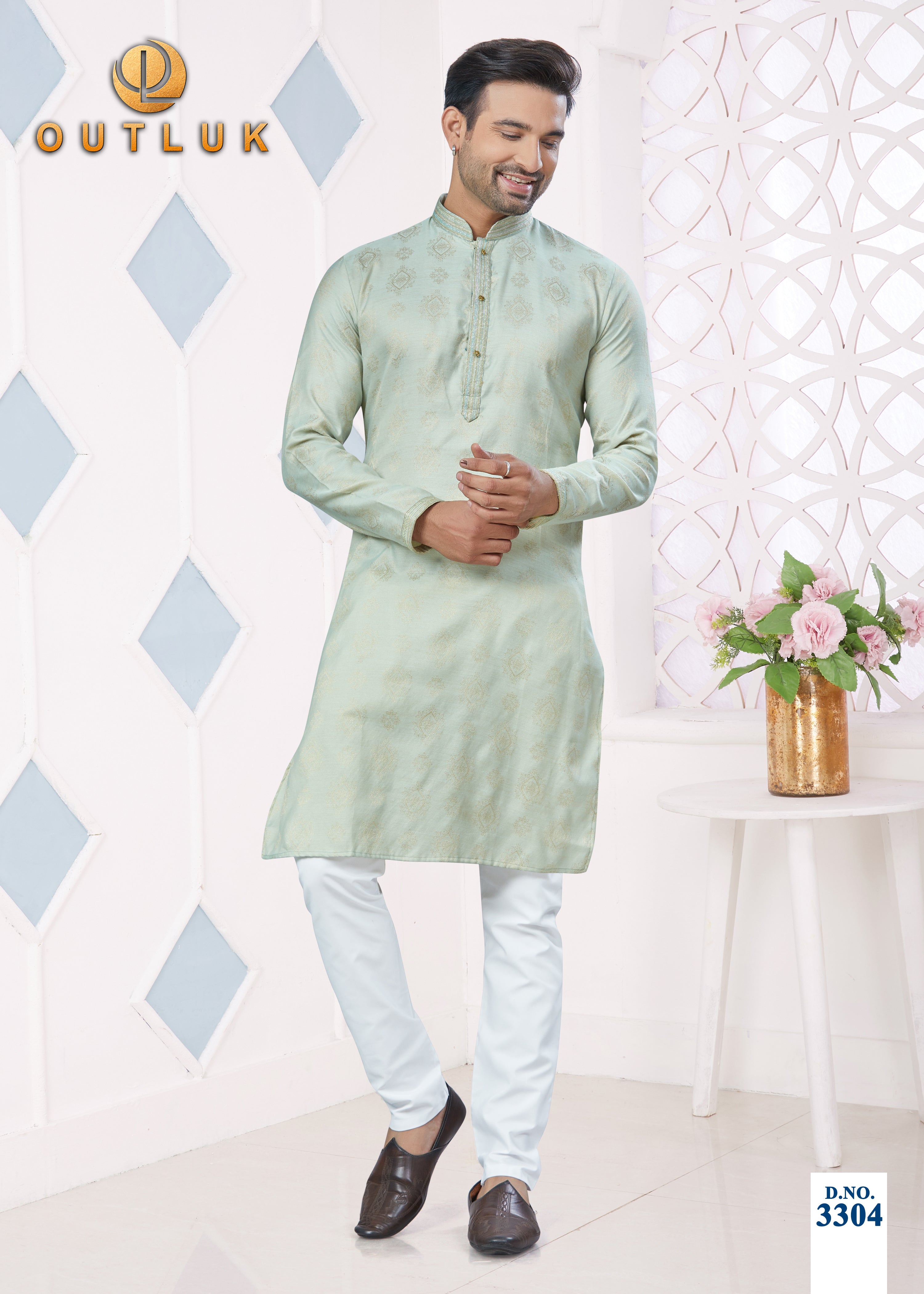 Light Mint Green Jacquard Mens Kurta Pajama 3304