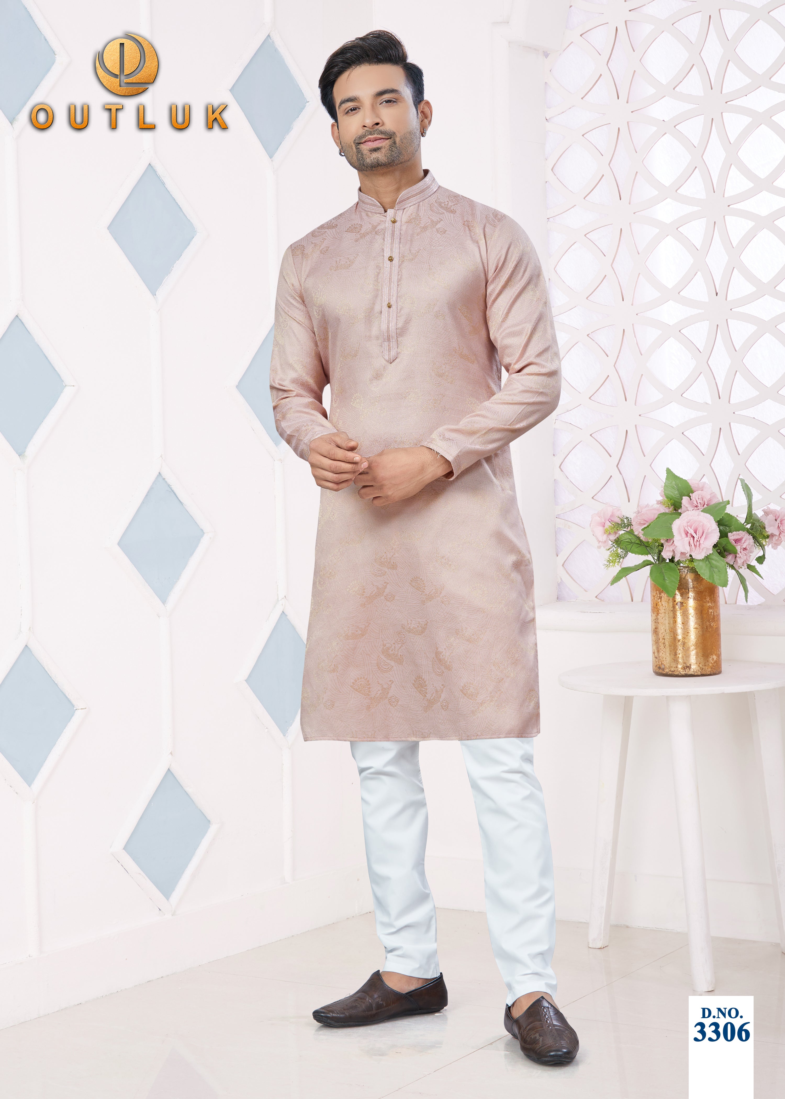 Light Pink Jacquard Mens Kurta Pajama 3306