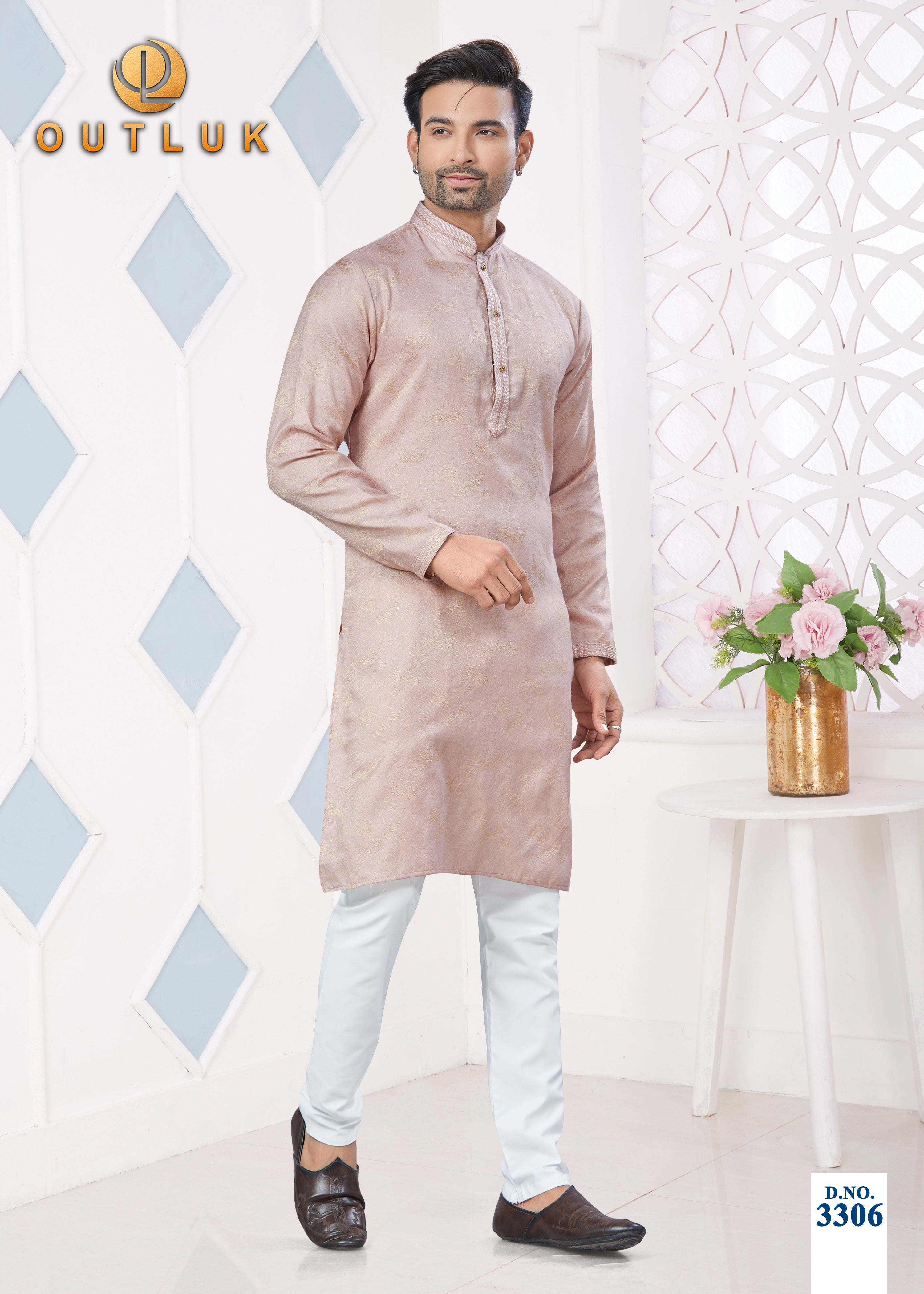 Light Pink Jacquard Mens Kurta Pajama 3306