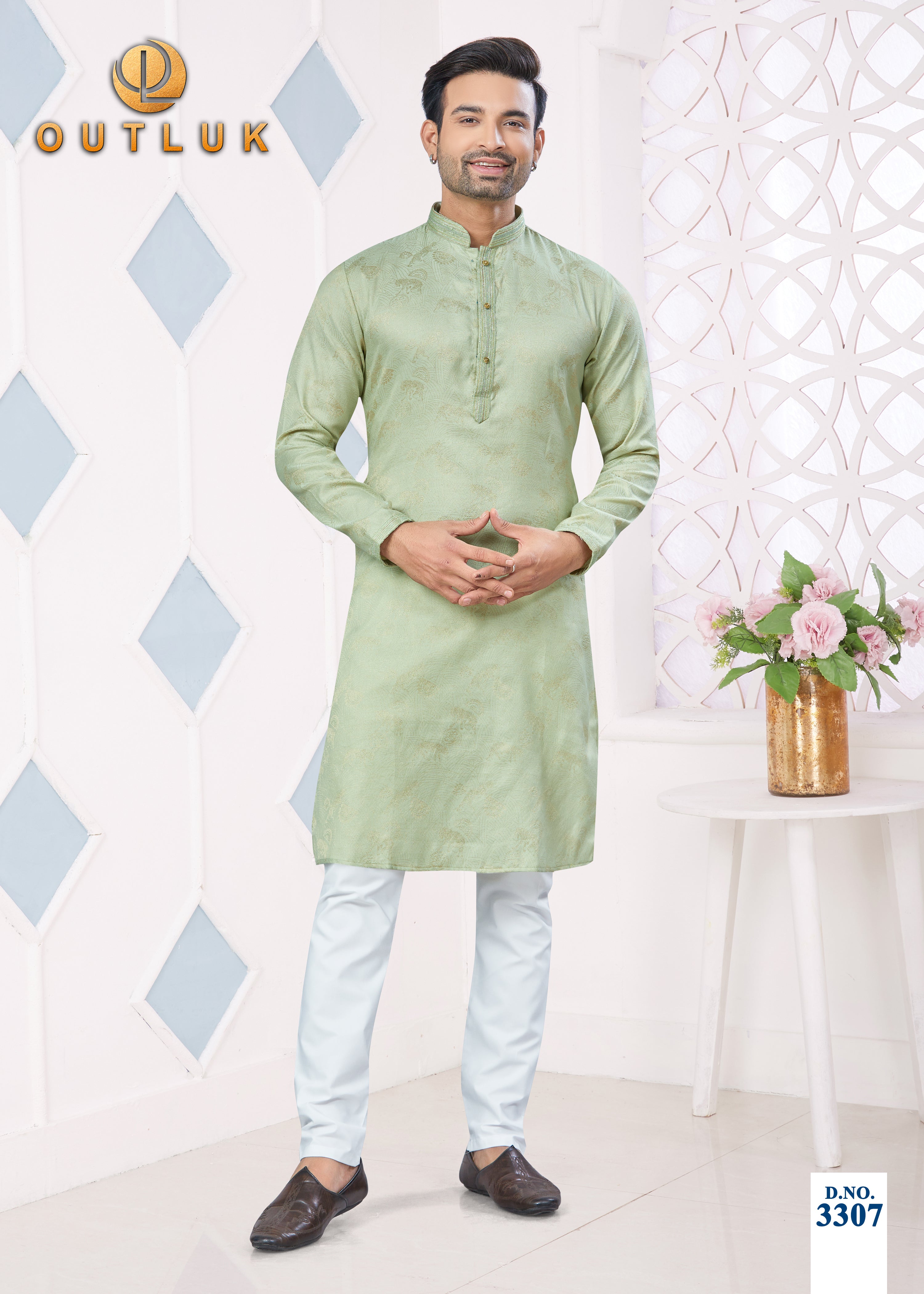 Light Green Jacquard Mens Kurta Pajama 3307