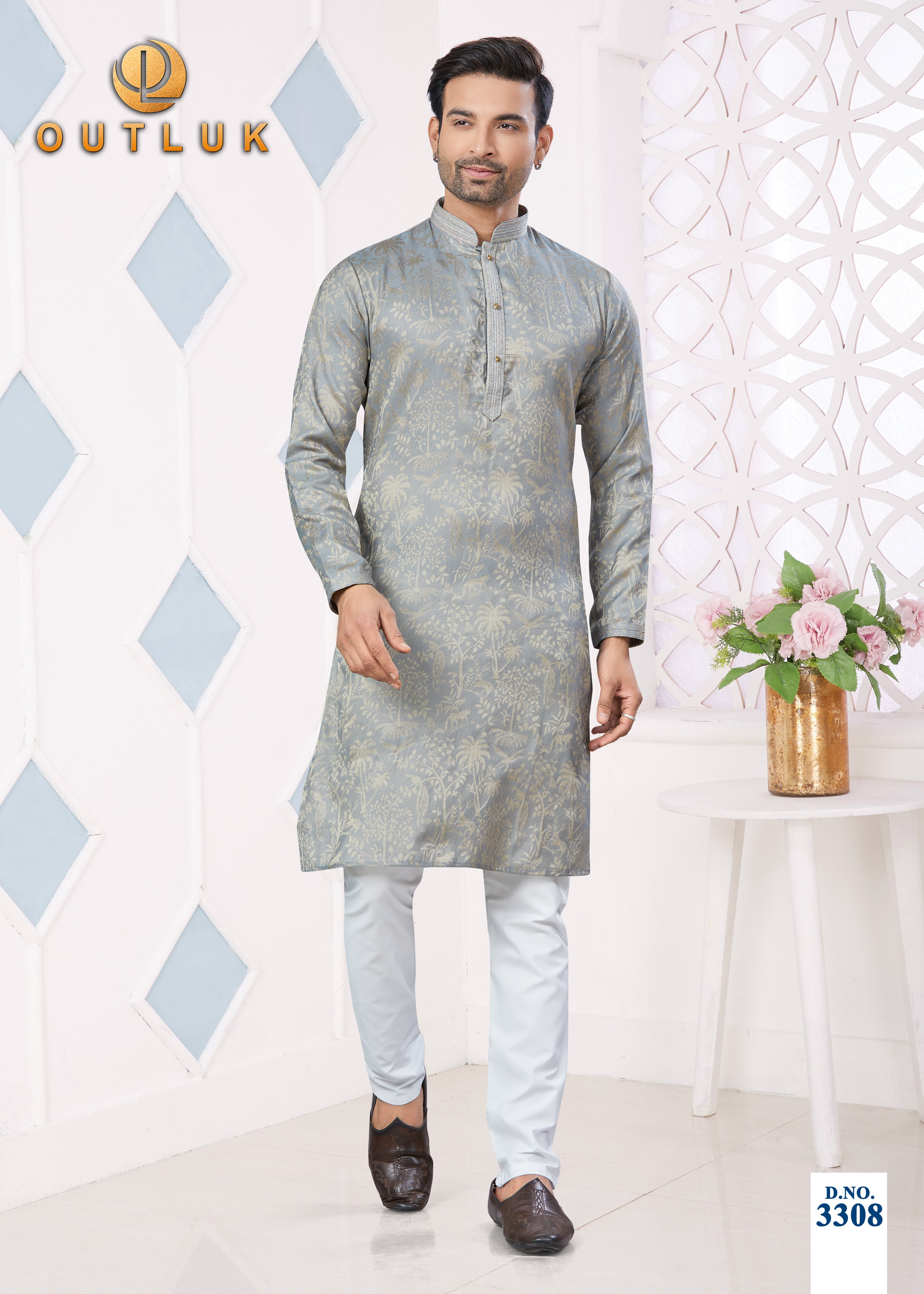 Grey Jacquard Mens Kurta Pajama 3308