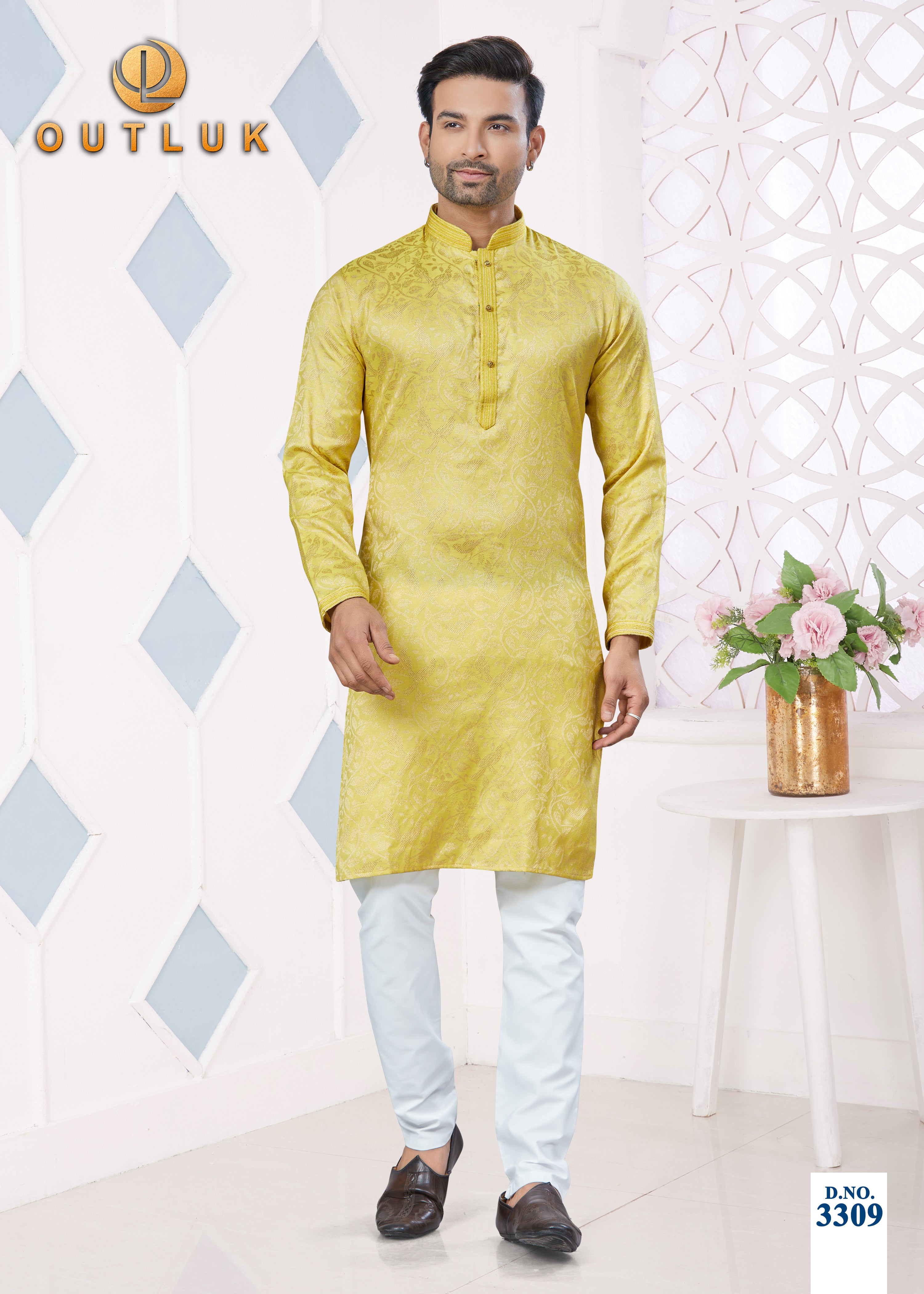 Yellow Jacquard Mens Kurta Pajama 3309