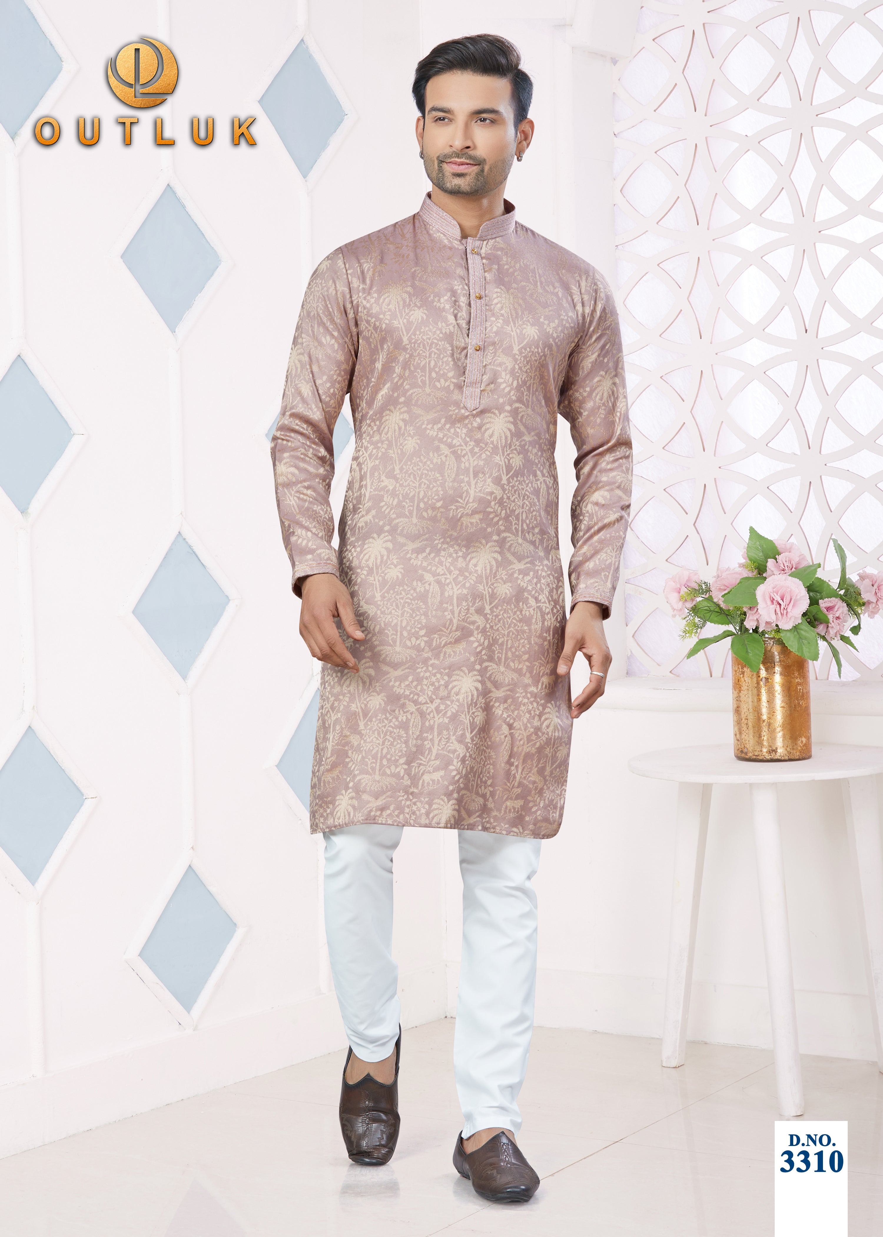 Peach Jacquard Mens Kurta Pajama 3310