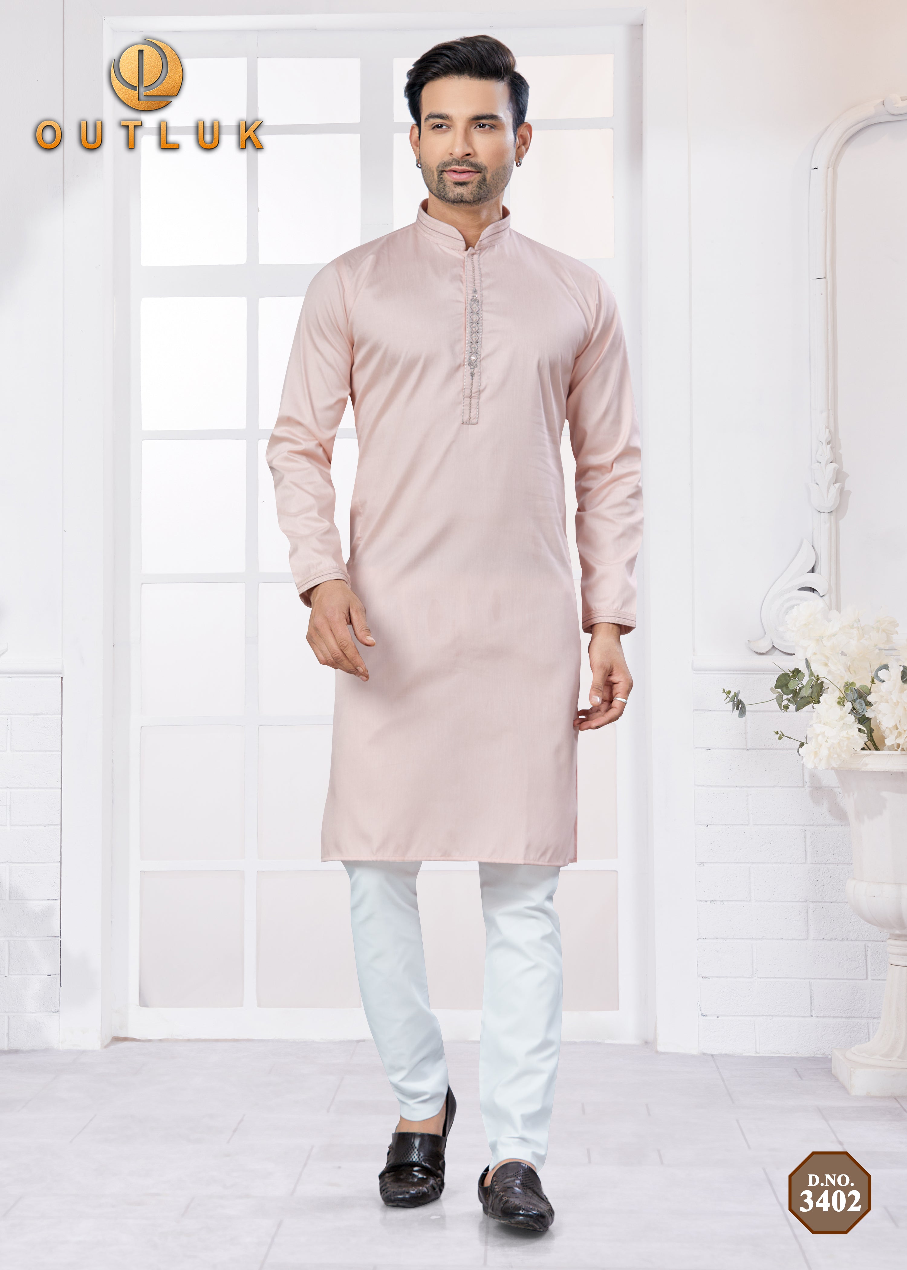 Baby Pink Cotton Mens Kurta Pajama 3402