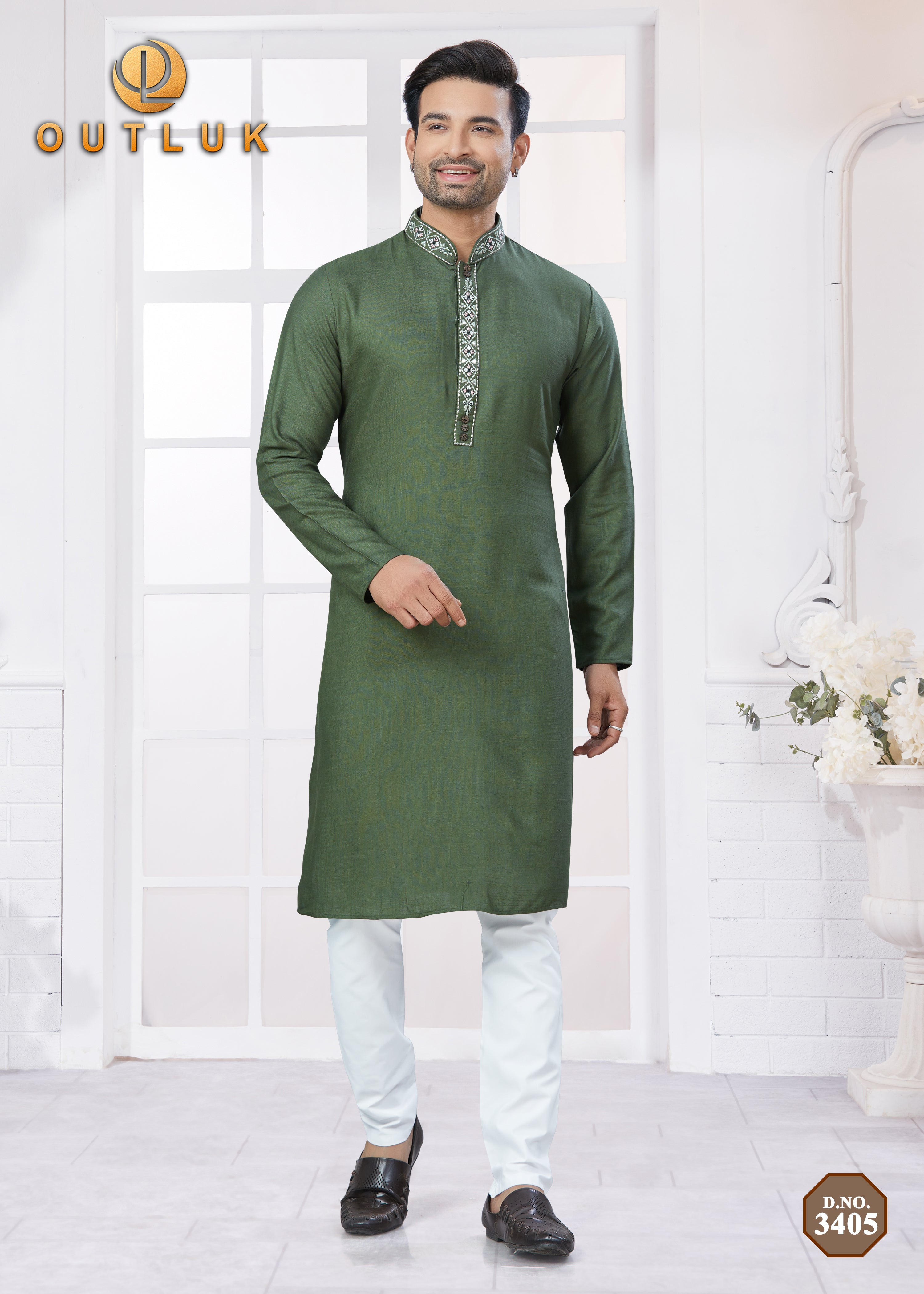 Green Cottton Mens Kurta Pajama 3405