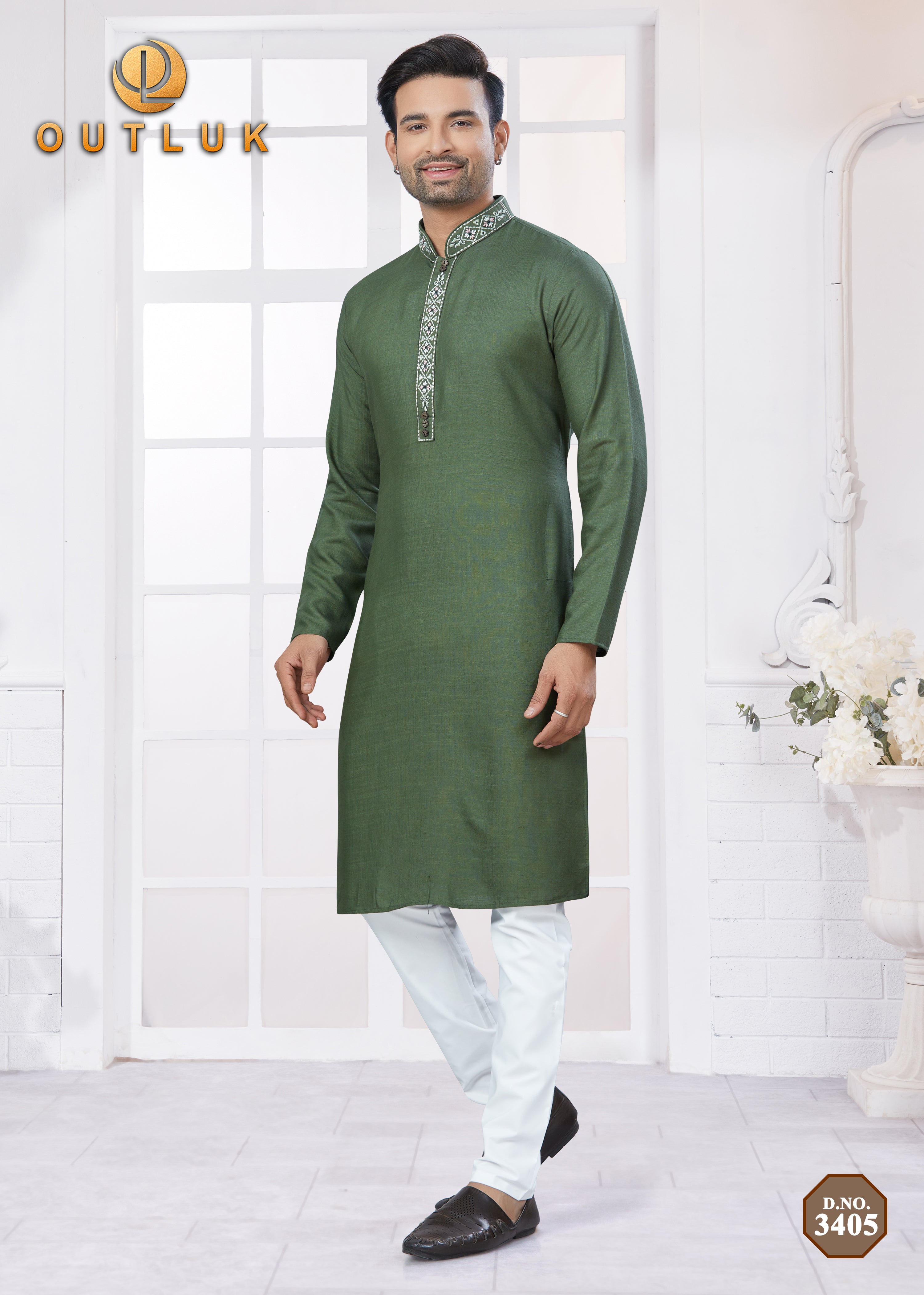 Green Cottton Mens Kurta Pajama 3405