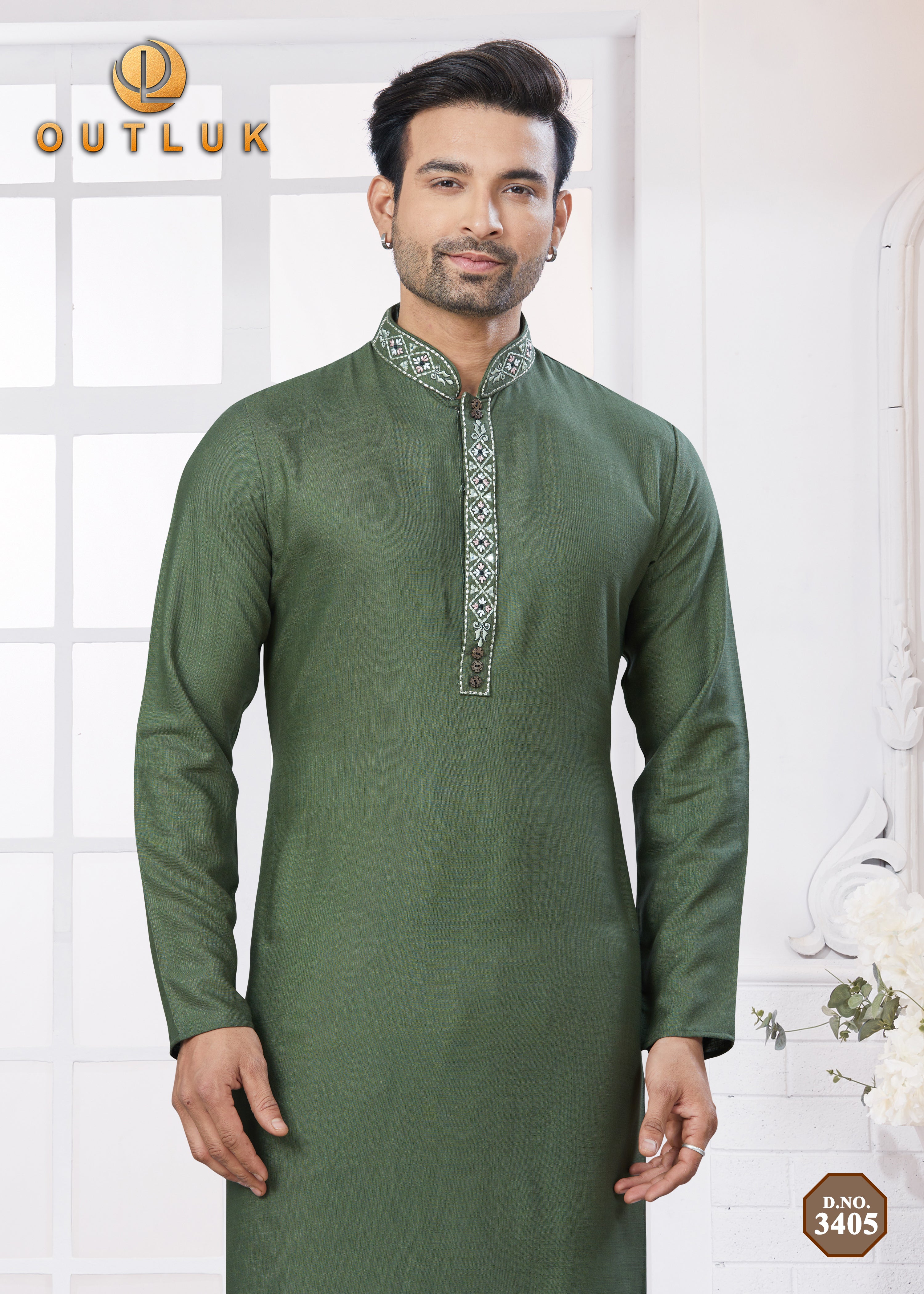 Green Cottton Mens Kurta Pajama 3405