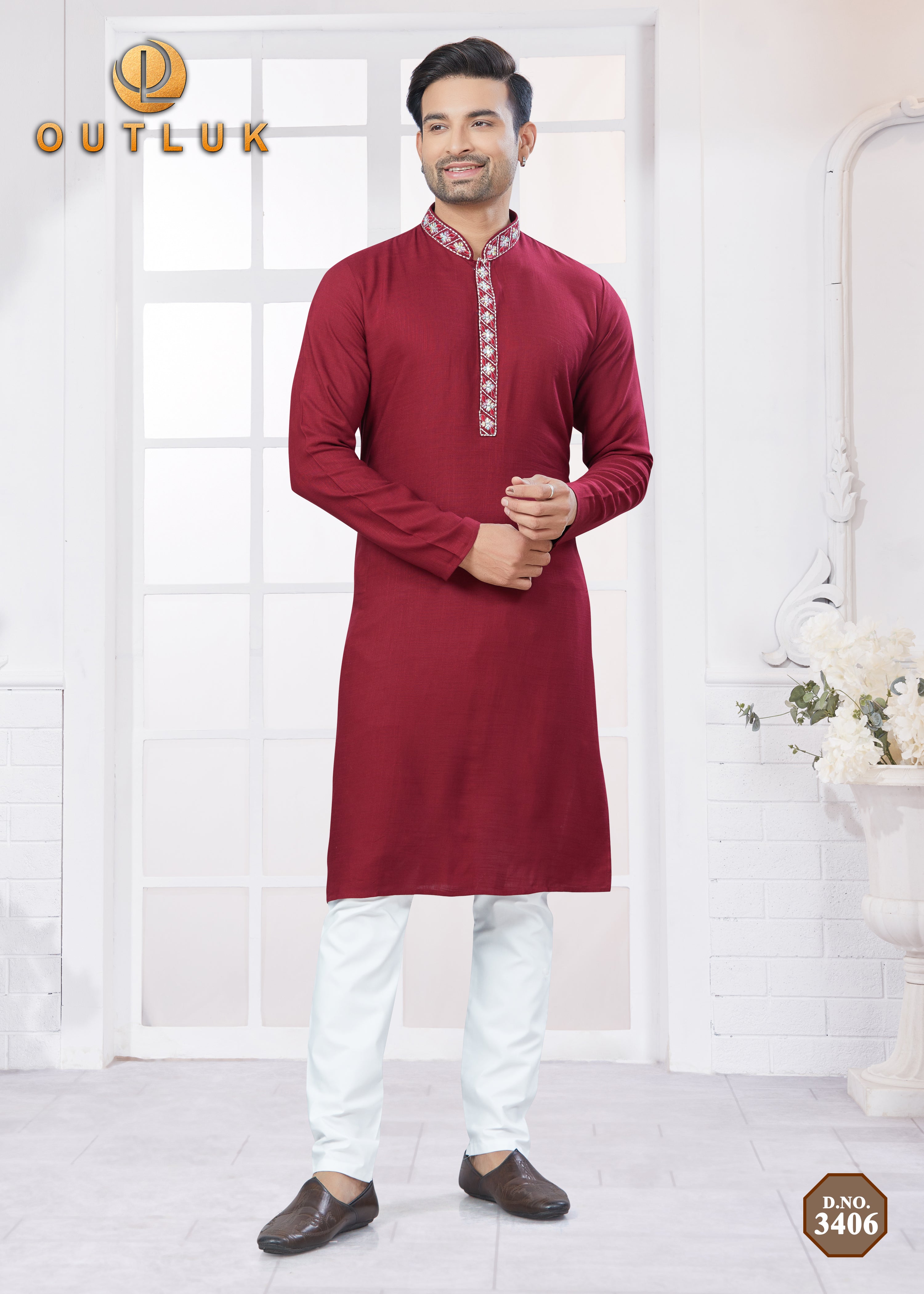Red Cotton Mens Kurta Pajama 3406.