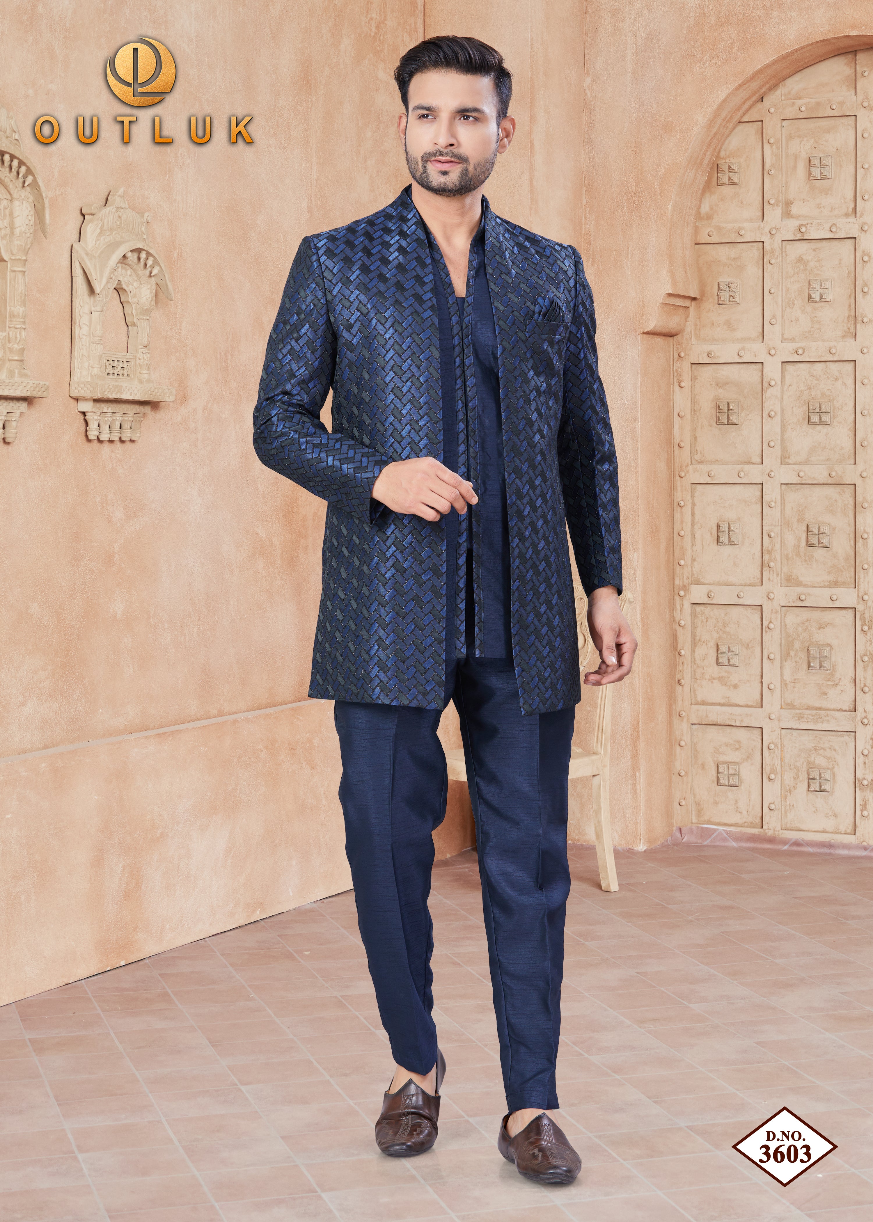 Navy Blue Silk Mens Indo Western 3603