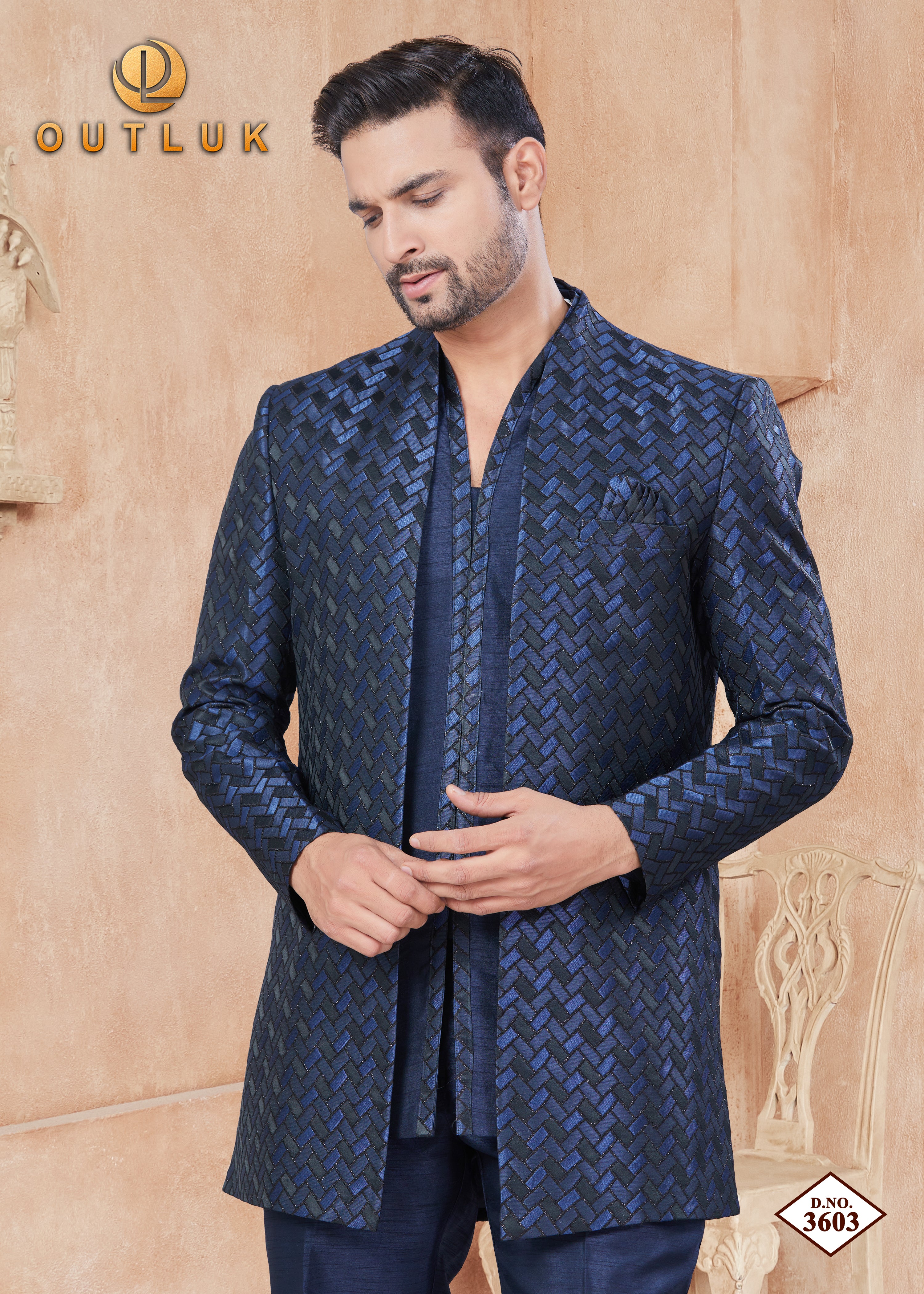 Navy Blue Silk Mens Indo Western 3603