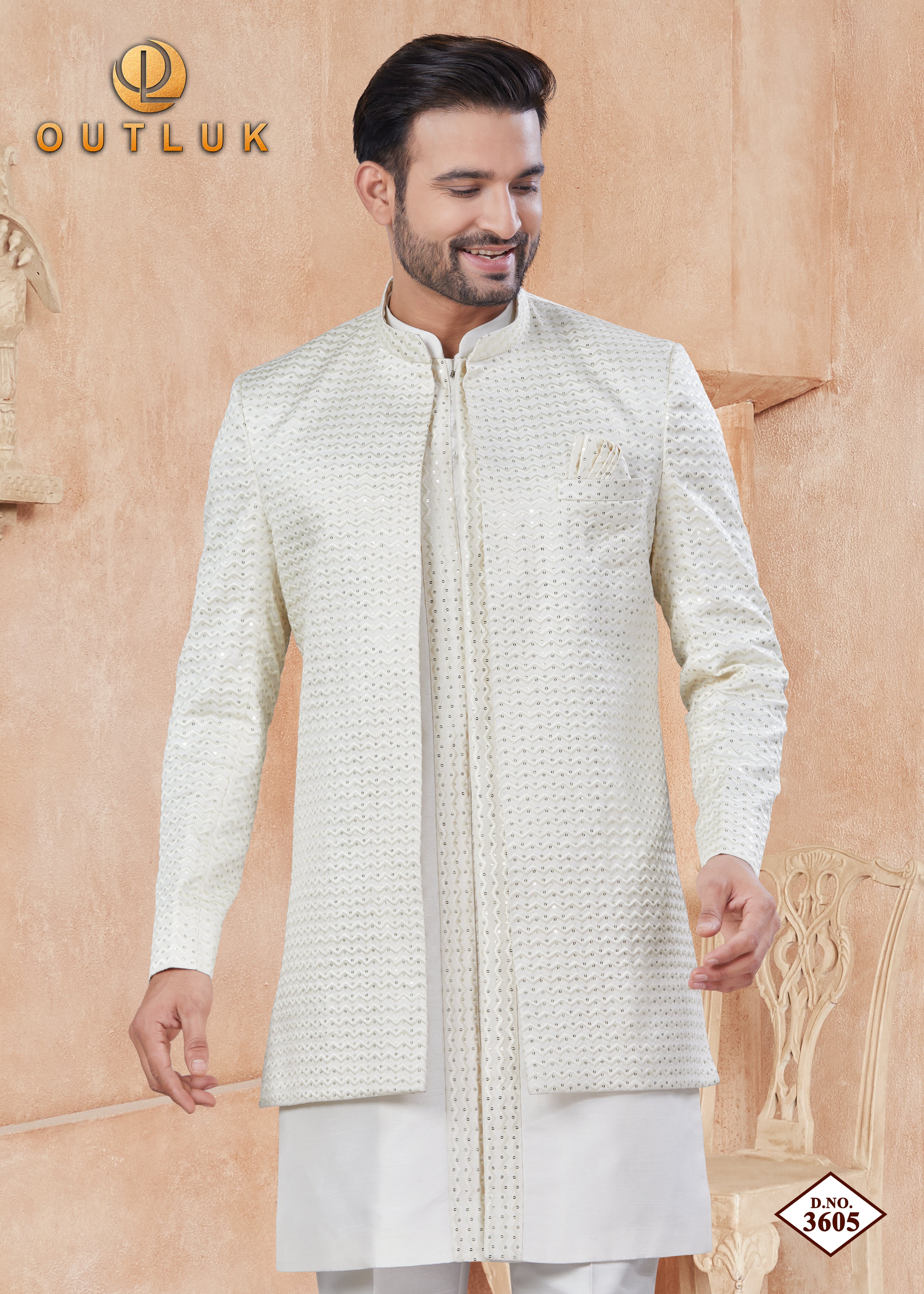 Cream Silk Mens Indo Western 3605
