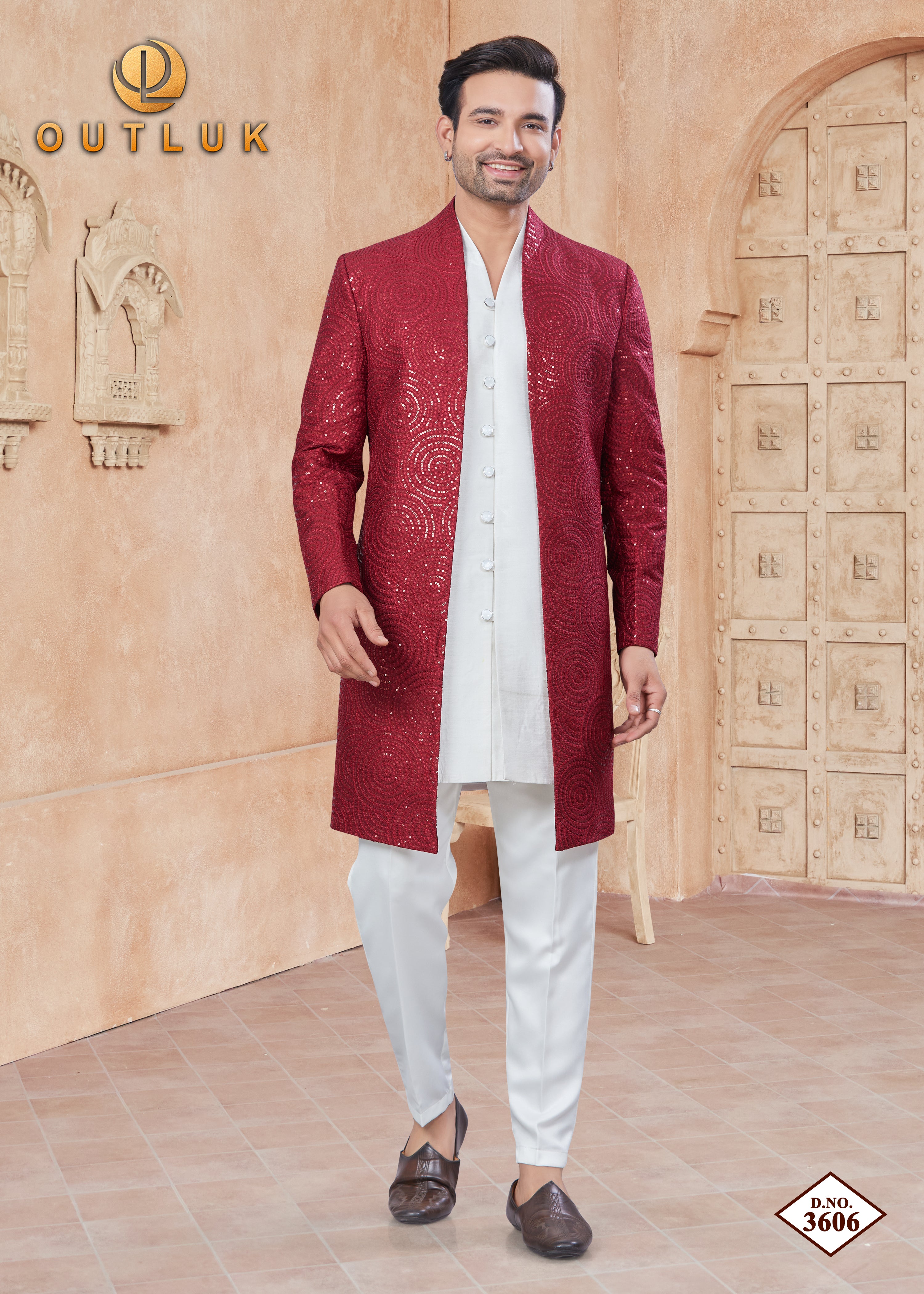 Red Silk Mens Indo Western 3606